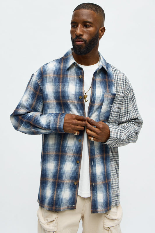 Patchwork Flannel Button Up Shirt - Blue/combo