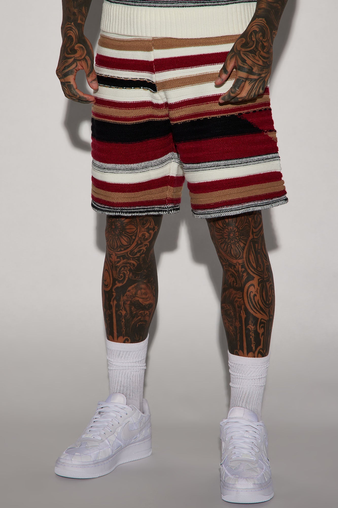 Striped Sweater Knit Shorts - Red/combo