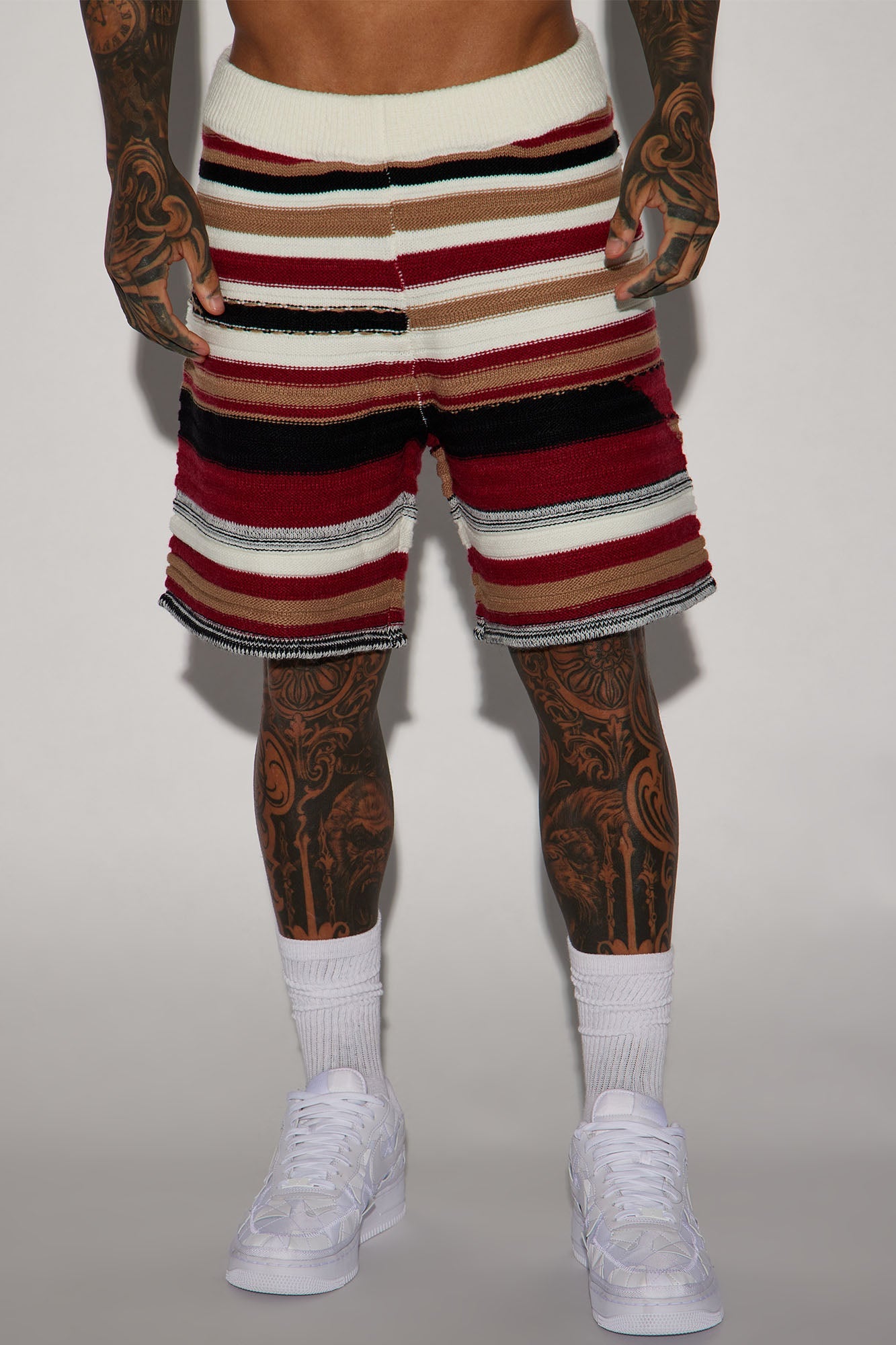 Striped Sweater Knit Shorts - Red/combo