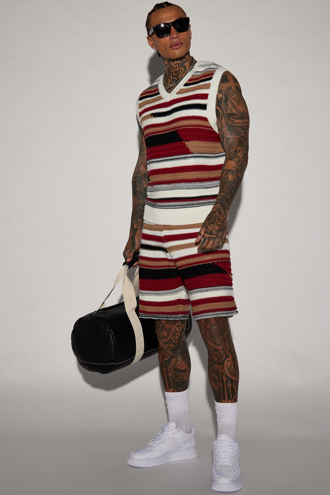 Striped Sweater Knit Shorts - Red/combo