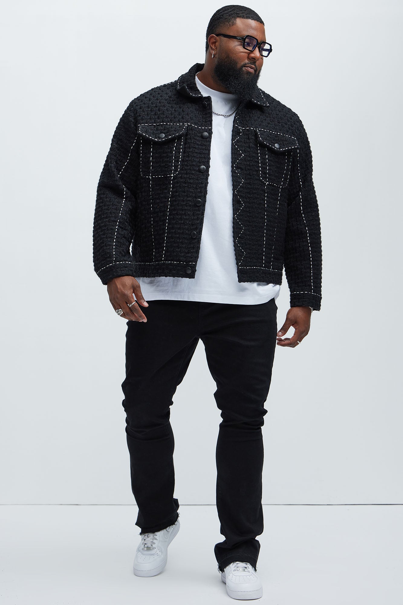 Beverly Tweed Contrasting Stitch Trucker Jacket - Black