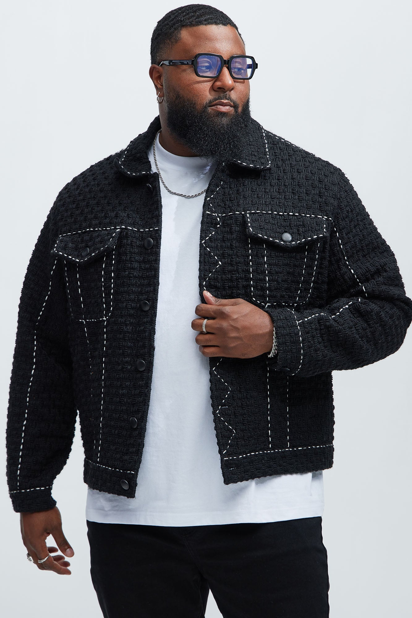 Beverly Tweed Contrasting Stitch Trucker Jacket - Black
