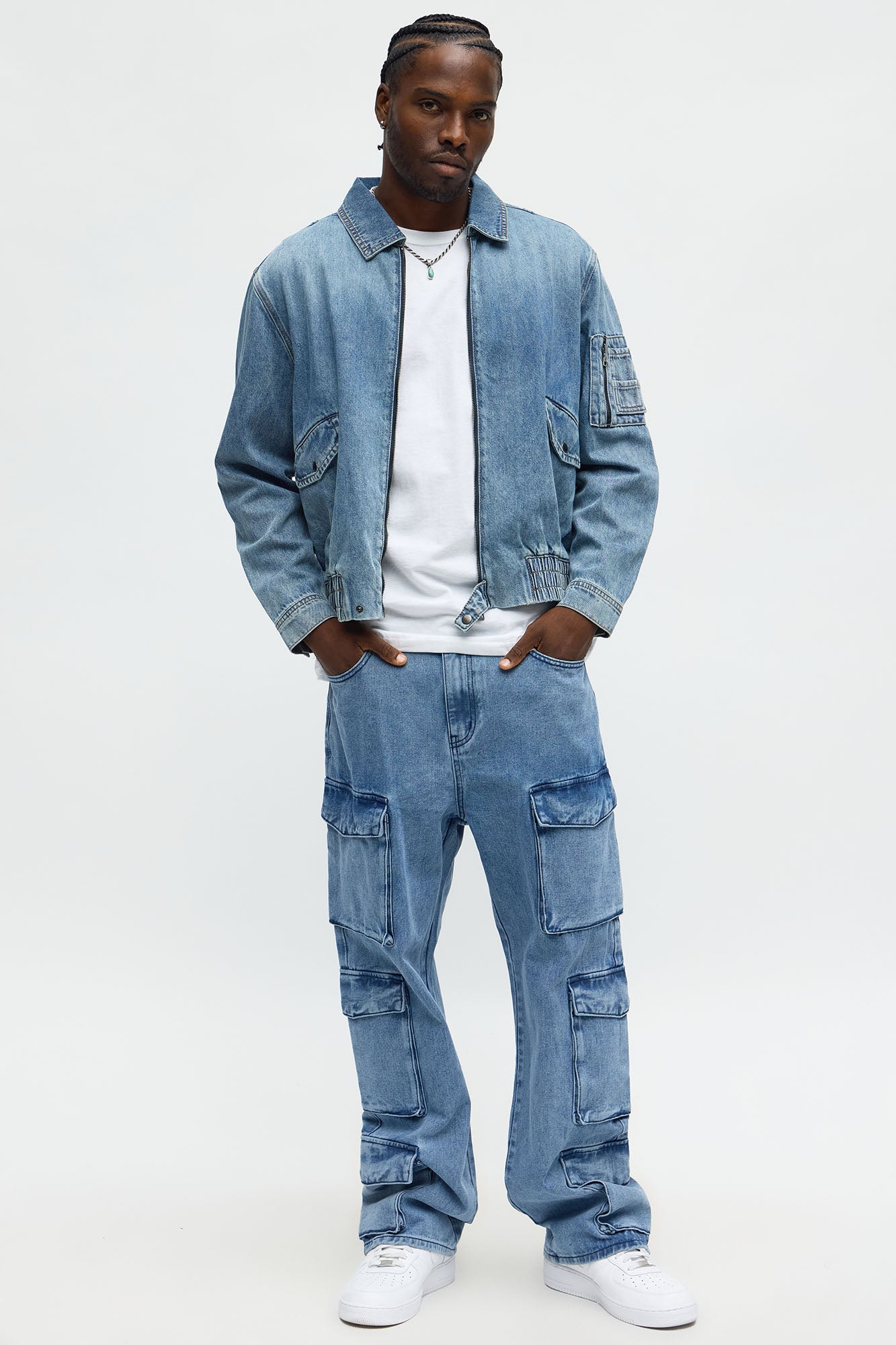Collared Denim Bomber Jacket - Medium Blue Wash