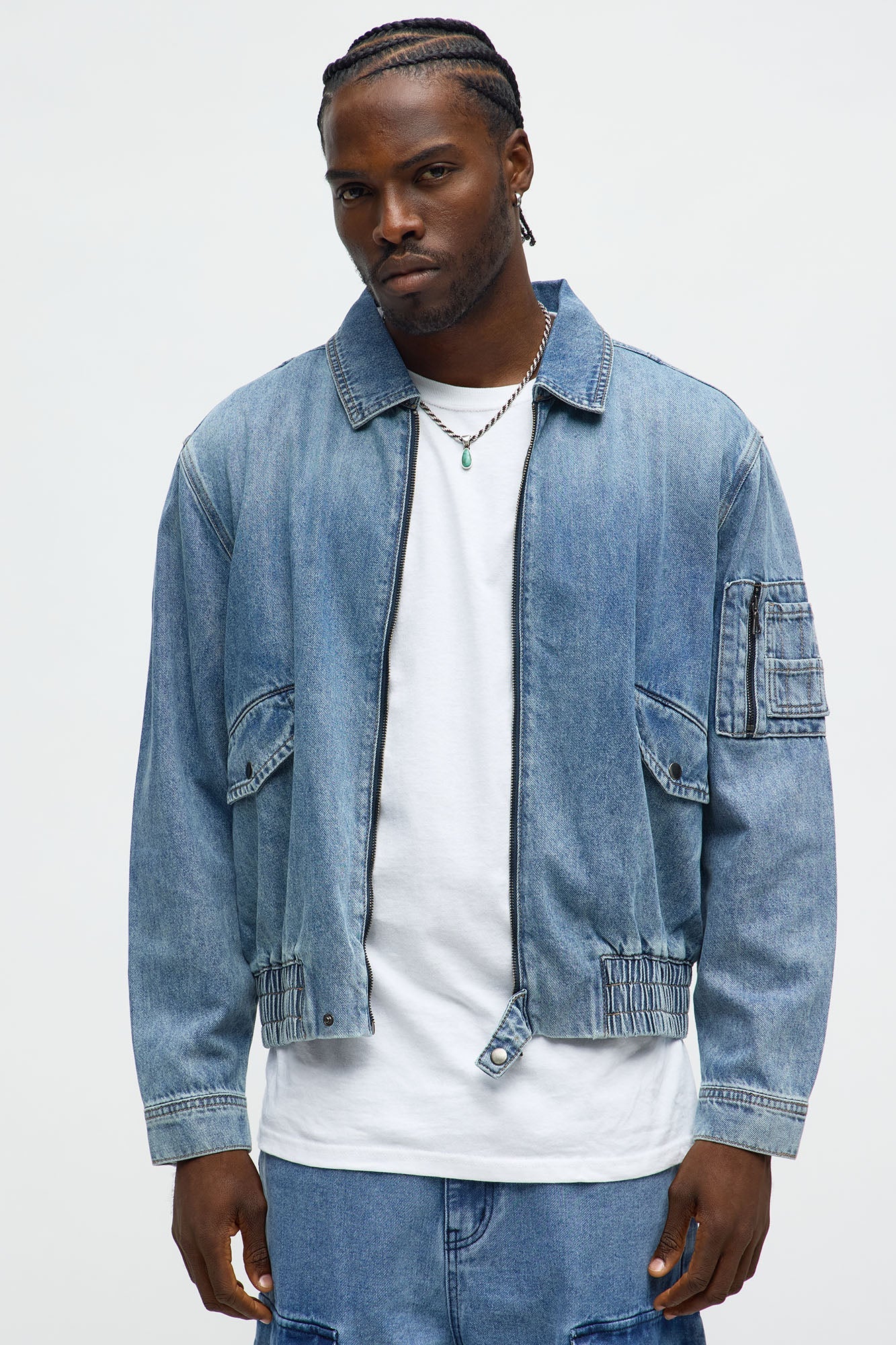 Collared Denim Bomber Jacket - Medium Blue Wash