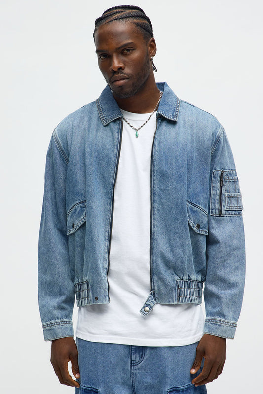 Collared Denim Bomber Jacket - Medium Blue Wash