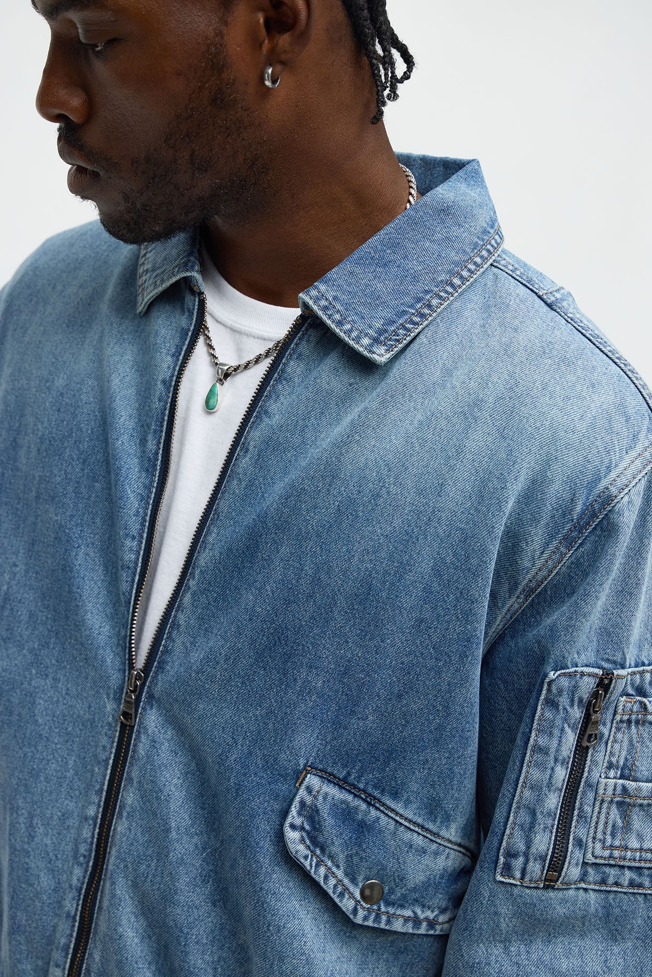 Collared Denim Bomber Jacket - Medium Blue Wash