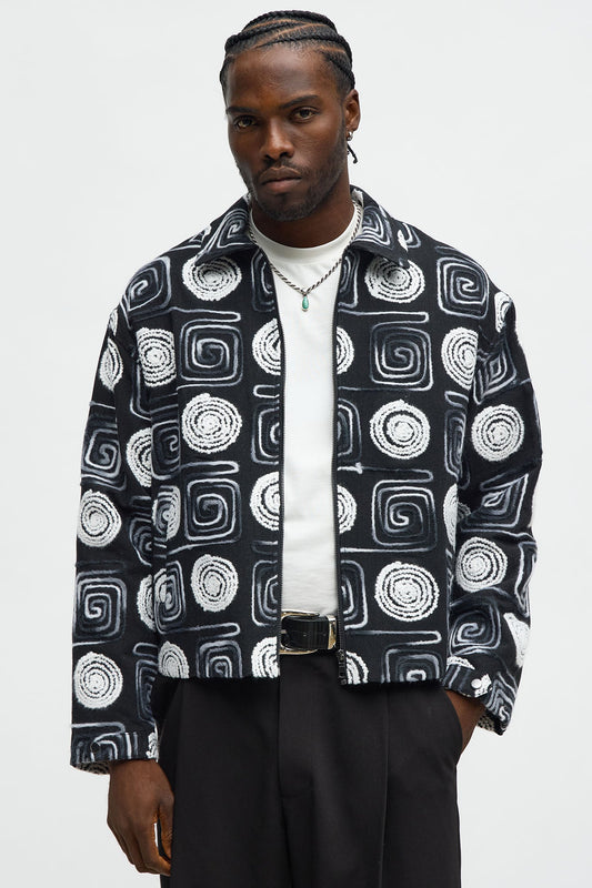 Cropped Textured I'm Spiraling Work Jacket - Black/White
