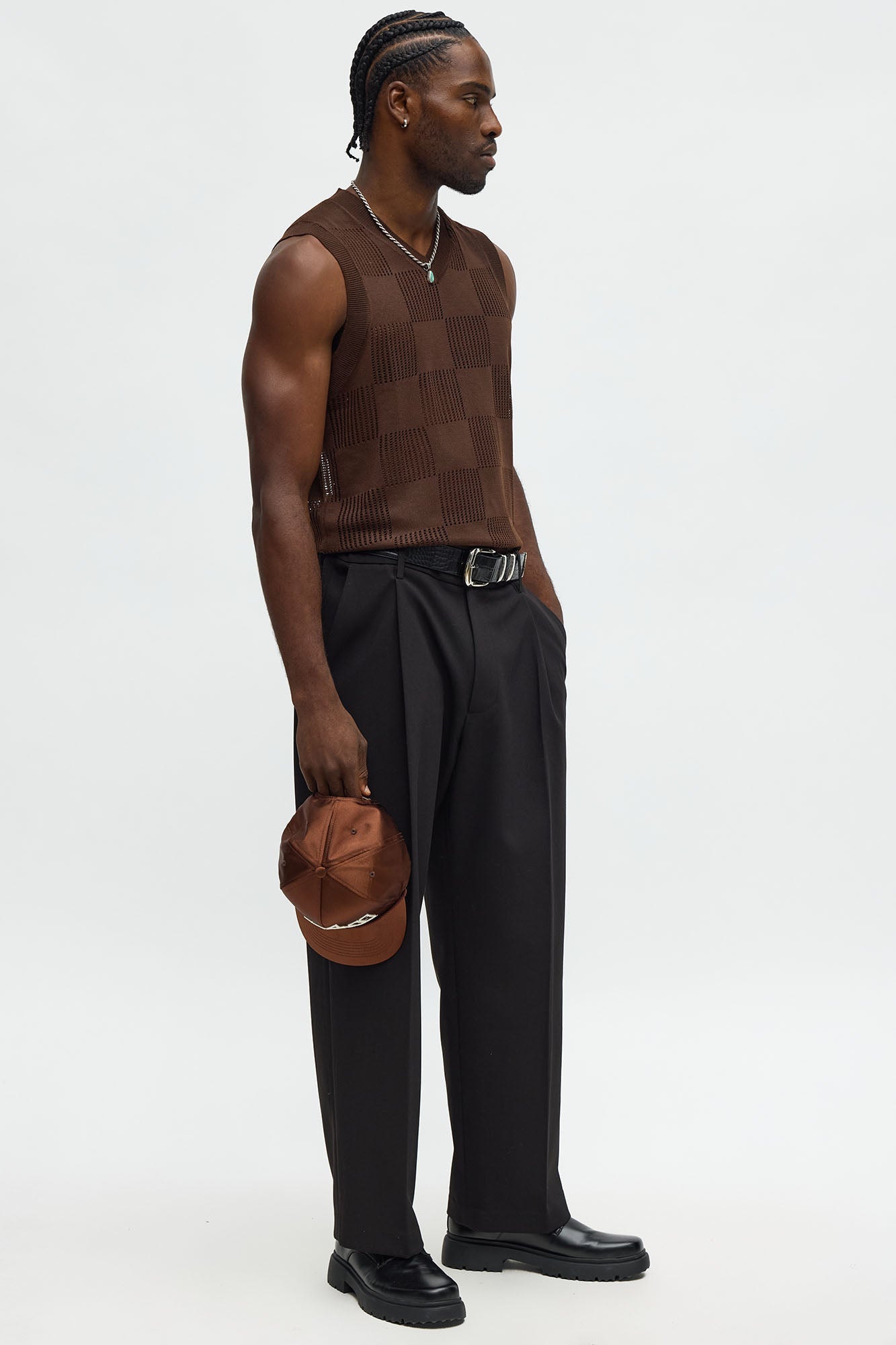 Textured Tiles V-Neck Vest - Brown