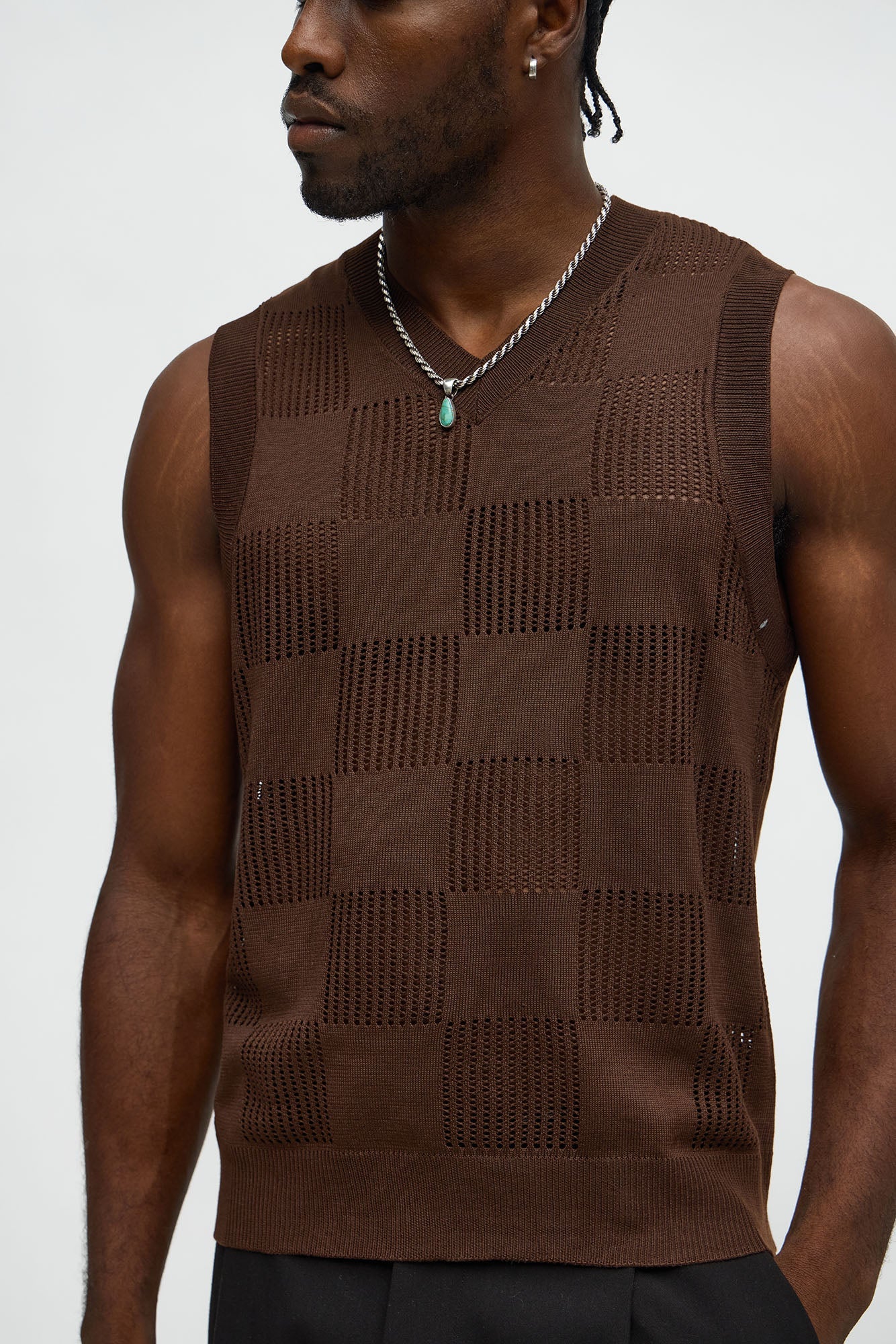 Textured Tiles V-Neck Vest - Brown