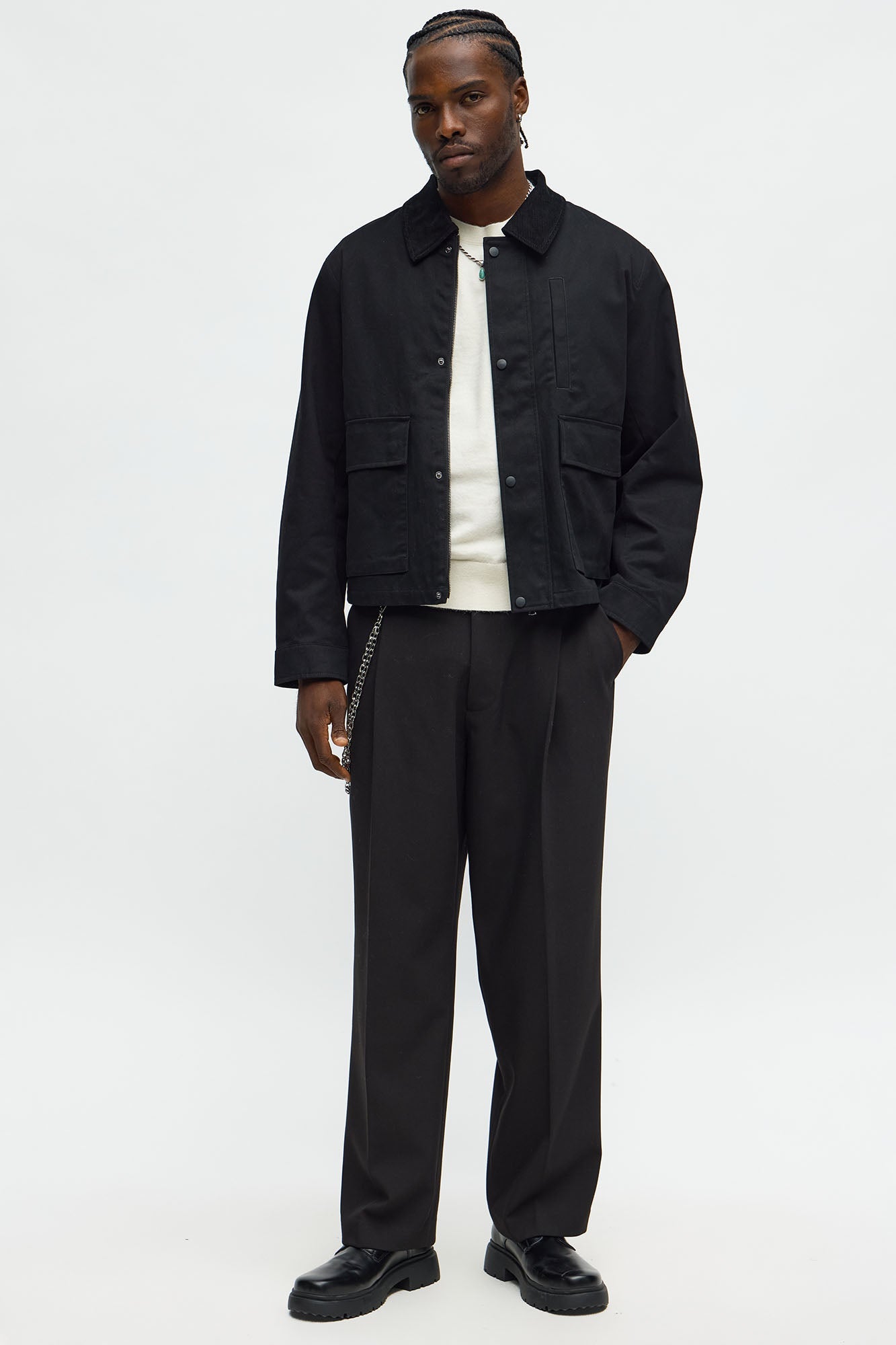 Cropped Utility Corduroy Collar Work Jacket - Black