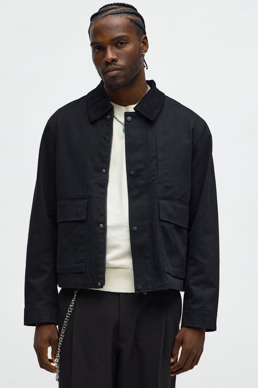 Cropped Utility Corduroy Collar Work Jacket - Black