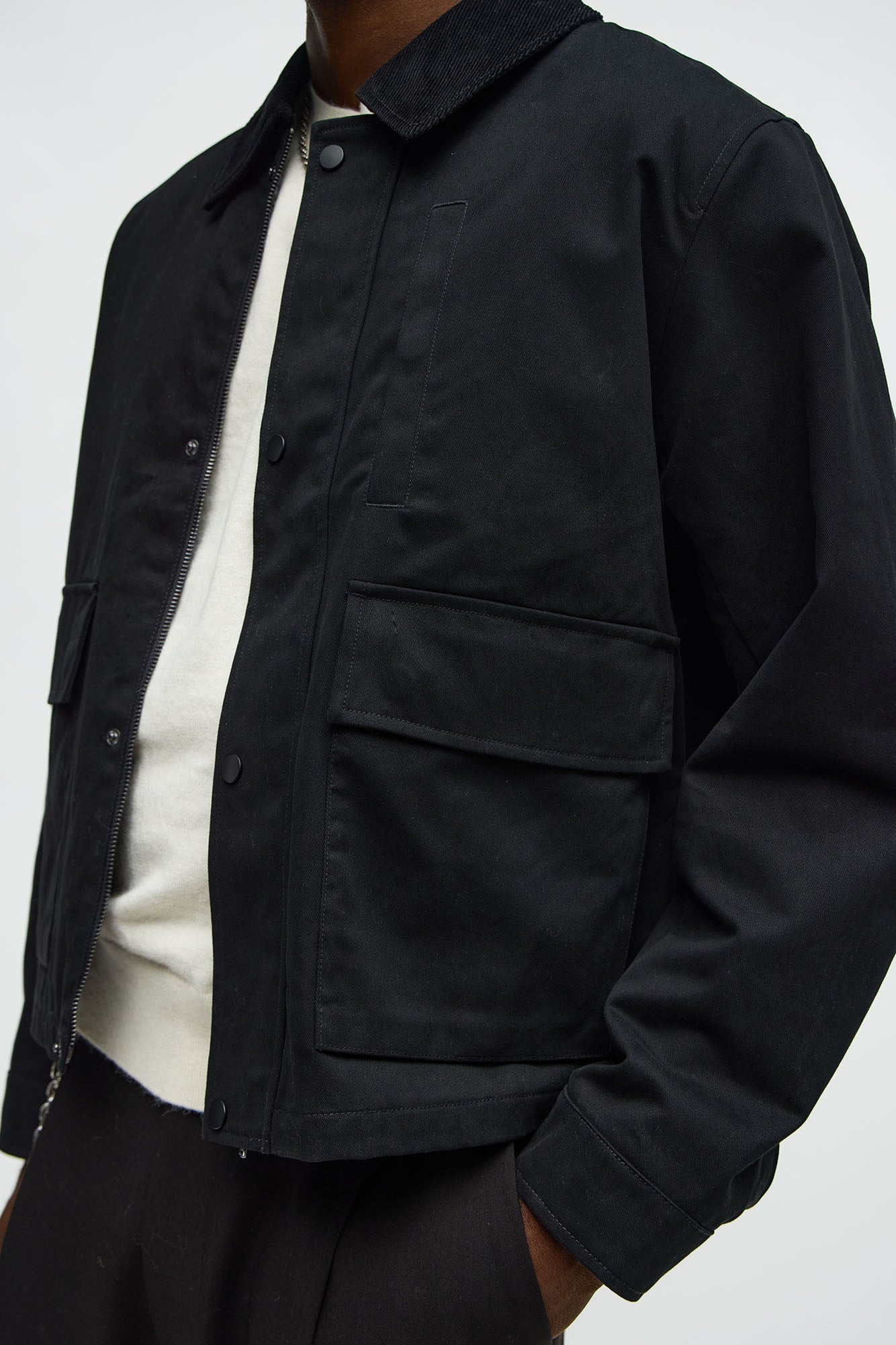 Cropped Utility Corduroy Collar Work Jacket - Black