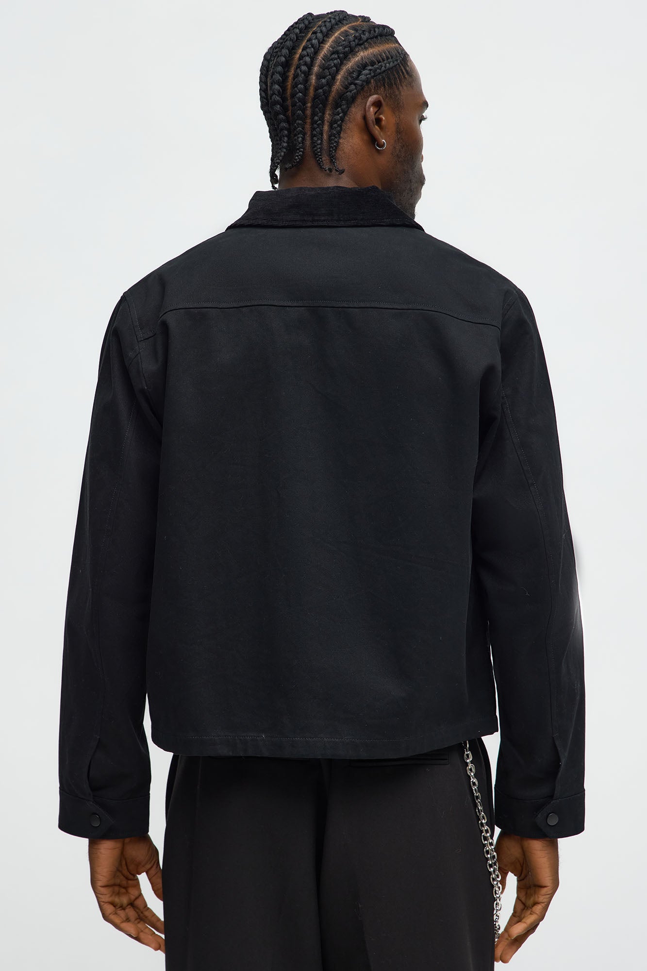 Cropped Utility Corduroy Collar Work Jacket - Black