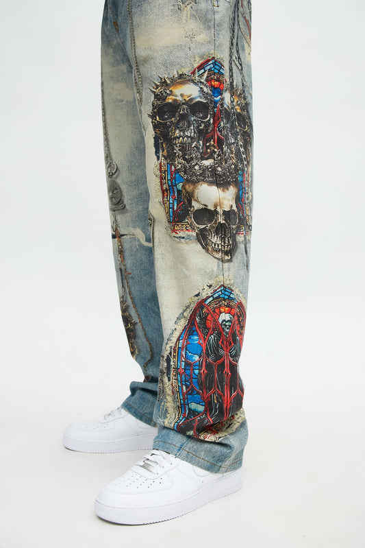 Baggy Holy War Chains Printed Jean - Light Wash