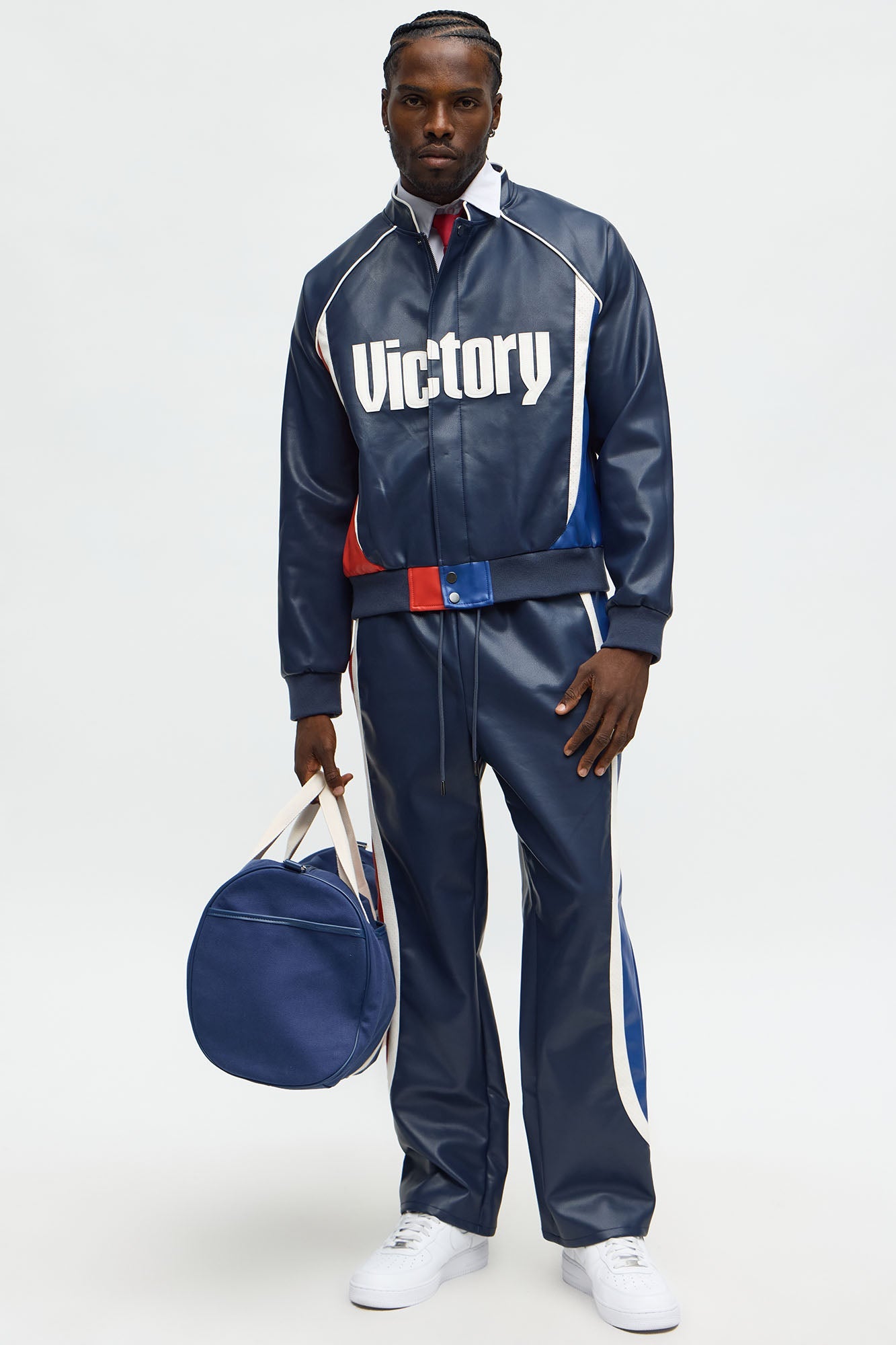 King Faux Leather Moto Bomber Jacket - Navy/combo