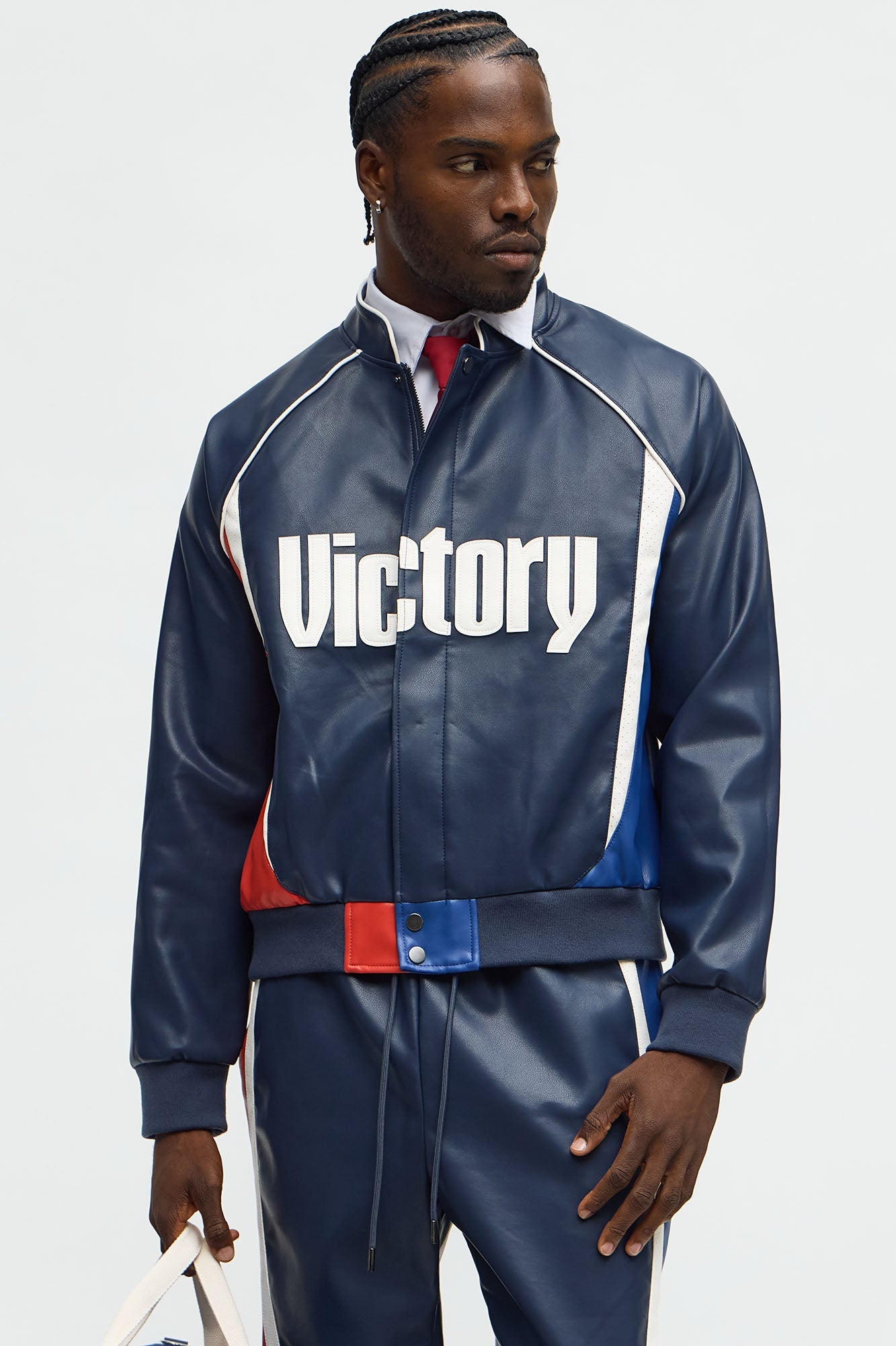 King Faux Leather Moto Bomber Jacket - Navy/combo