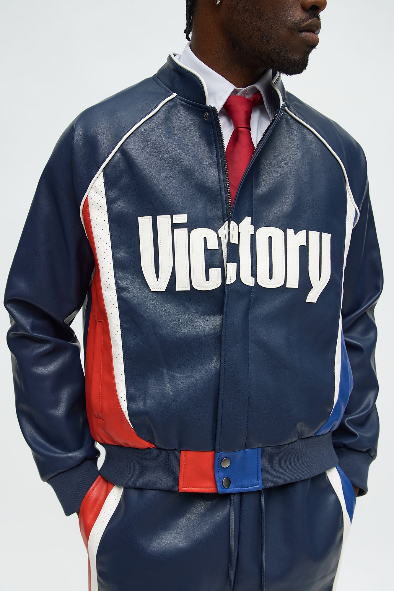 King Faux Leather Moto Bomber Jacket - Navy/combo