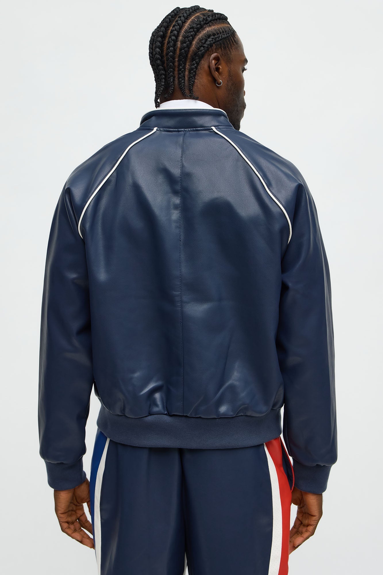 King Faux Leather Moto Bomber Jacket - Navy/combo
