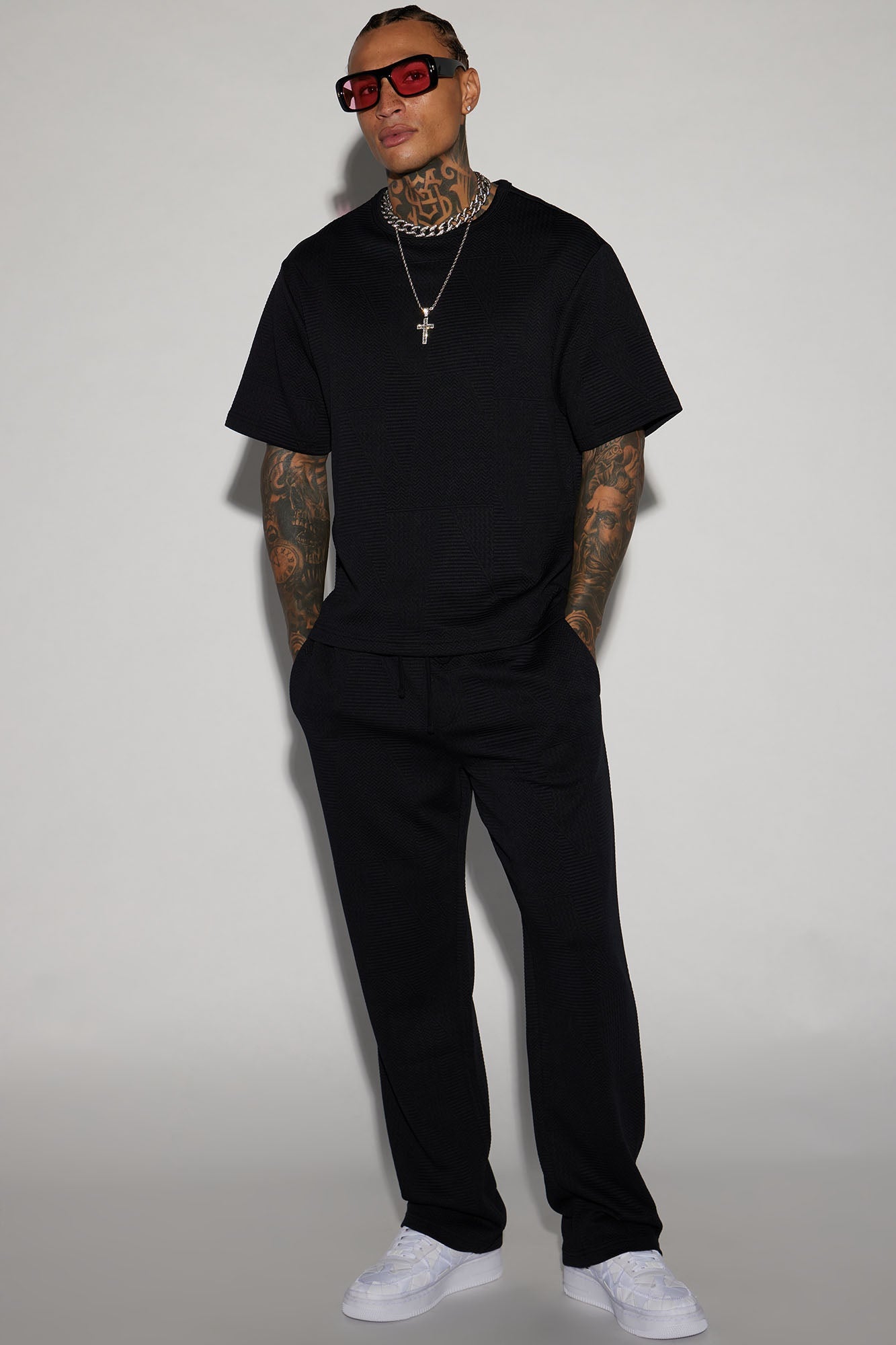 Textured Triangles Relaxed Crew Neck Tee - Black