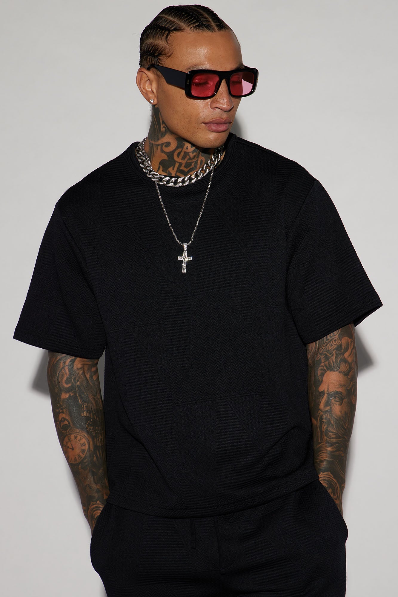 Textured Triangles Relaxed Crew Neck Tee - Black
