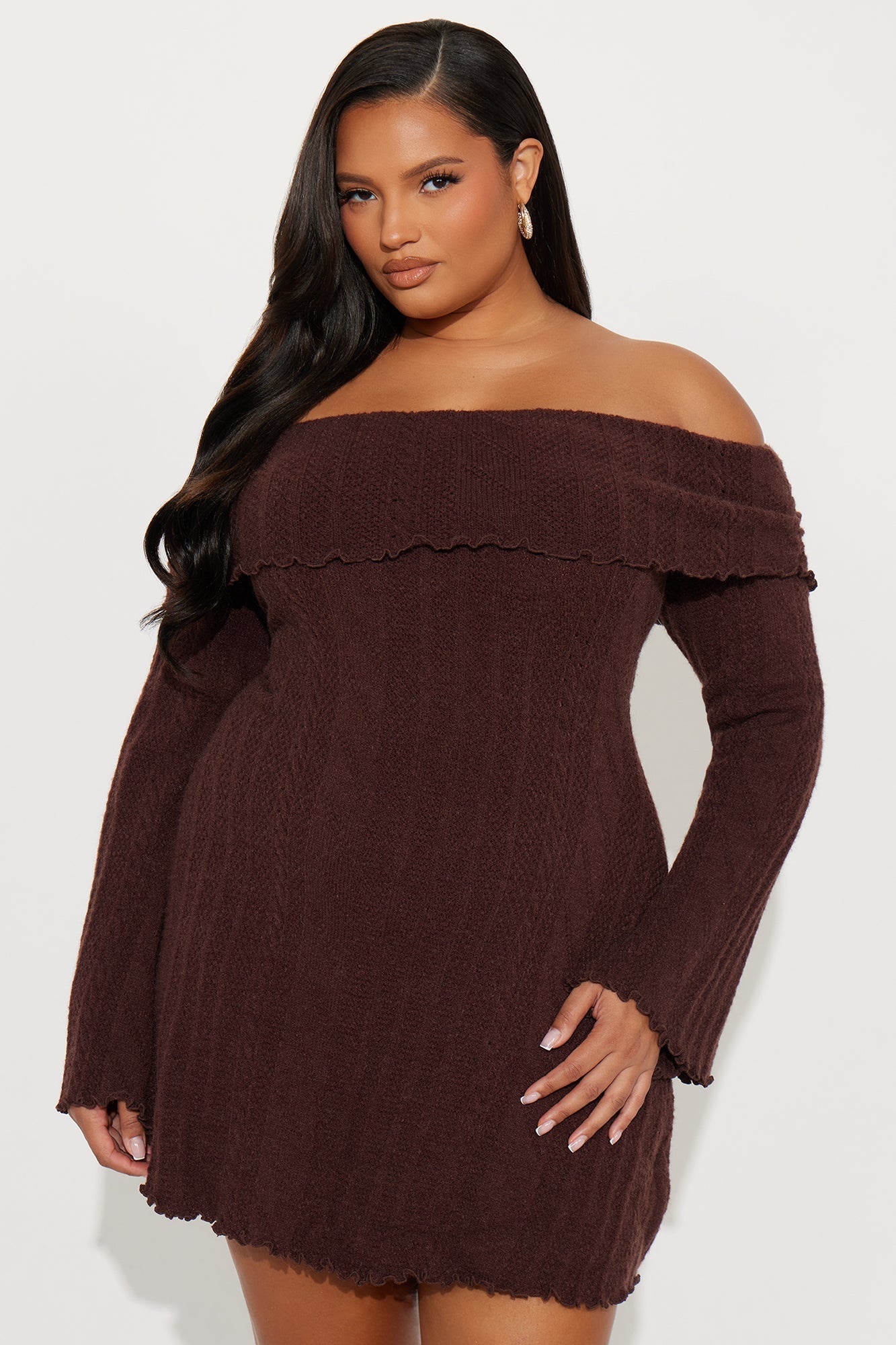 Kallie Off Shoulder Sweater Mini Dress - Chocolate
