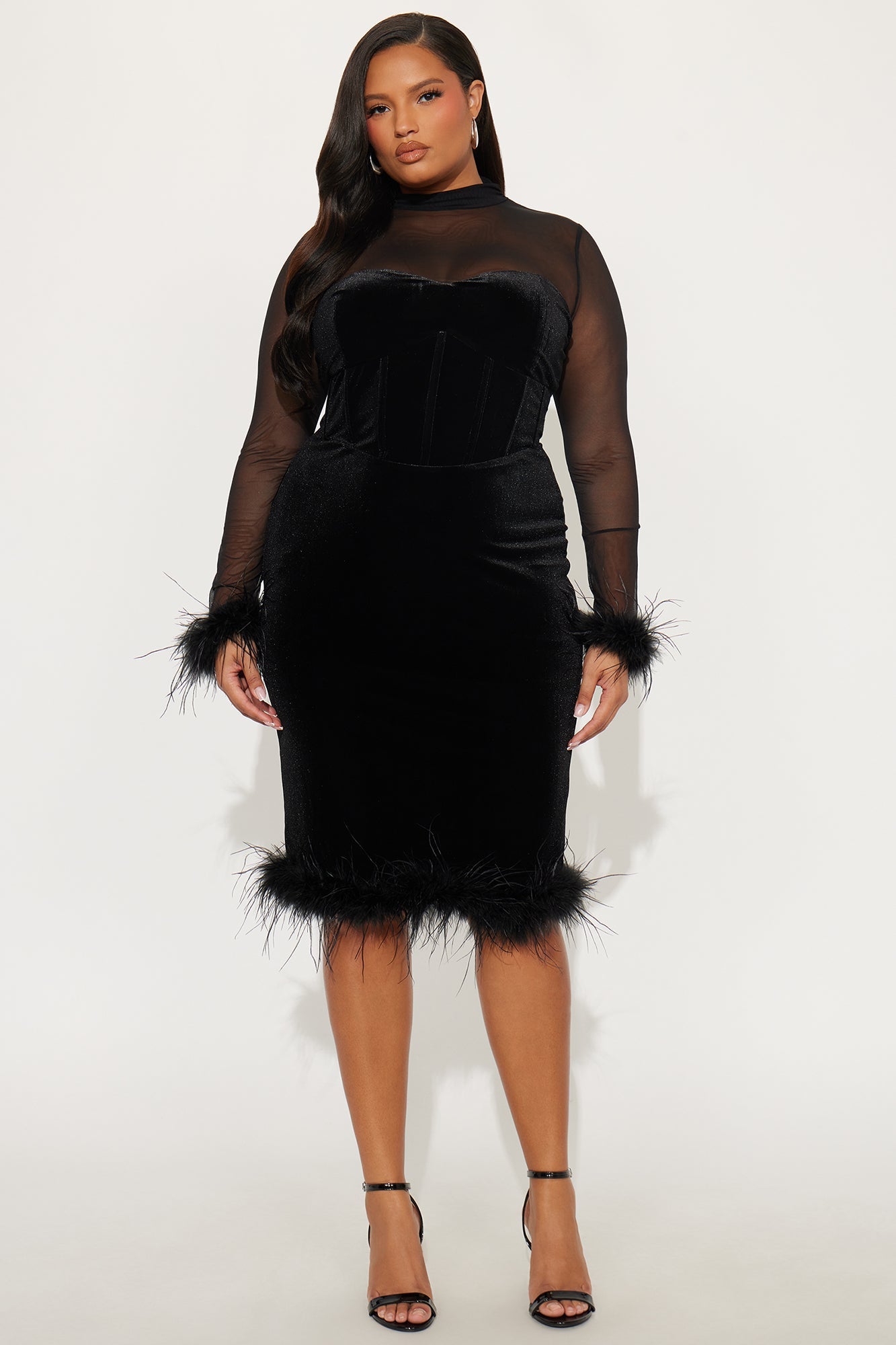 Dream Girl Fur Trim Velvet Midi Dress - Black