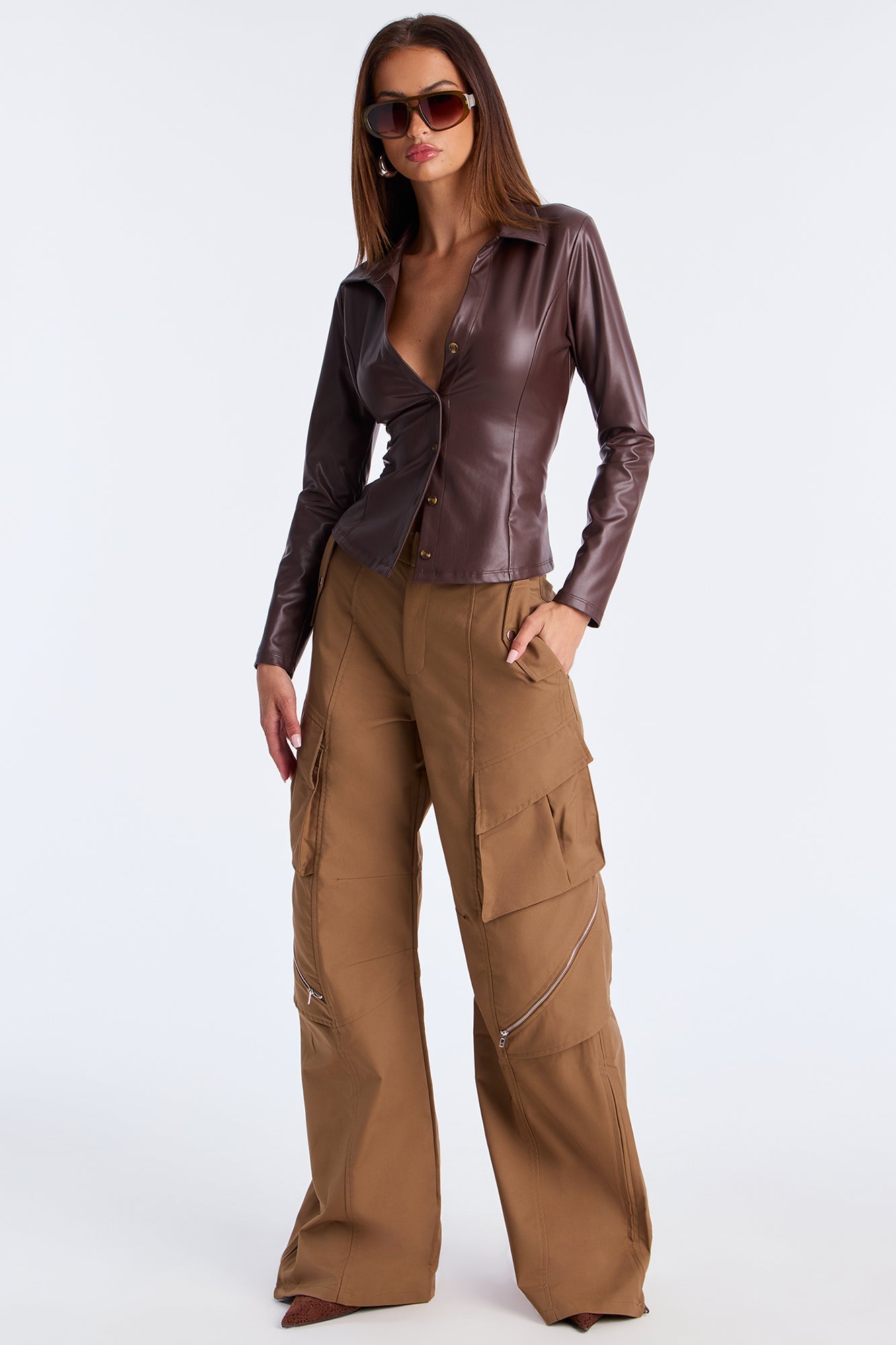 Mae Faux Leather Button Up Shirt - Brown