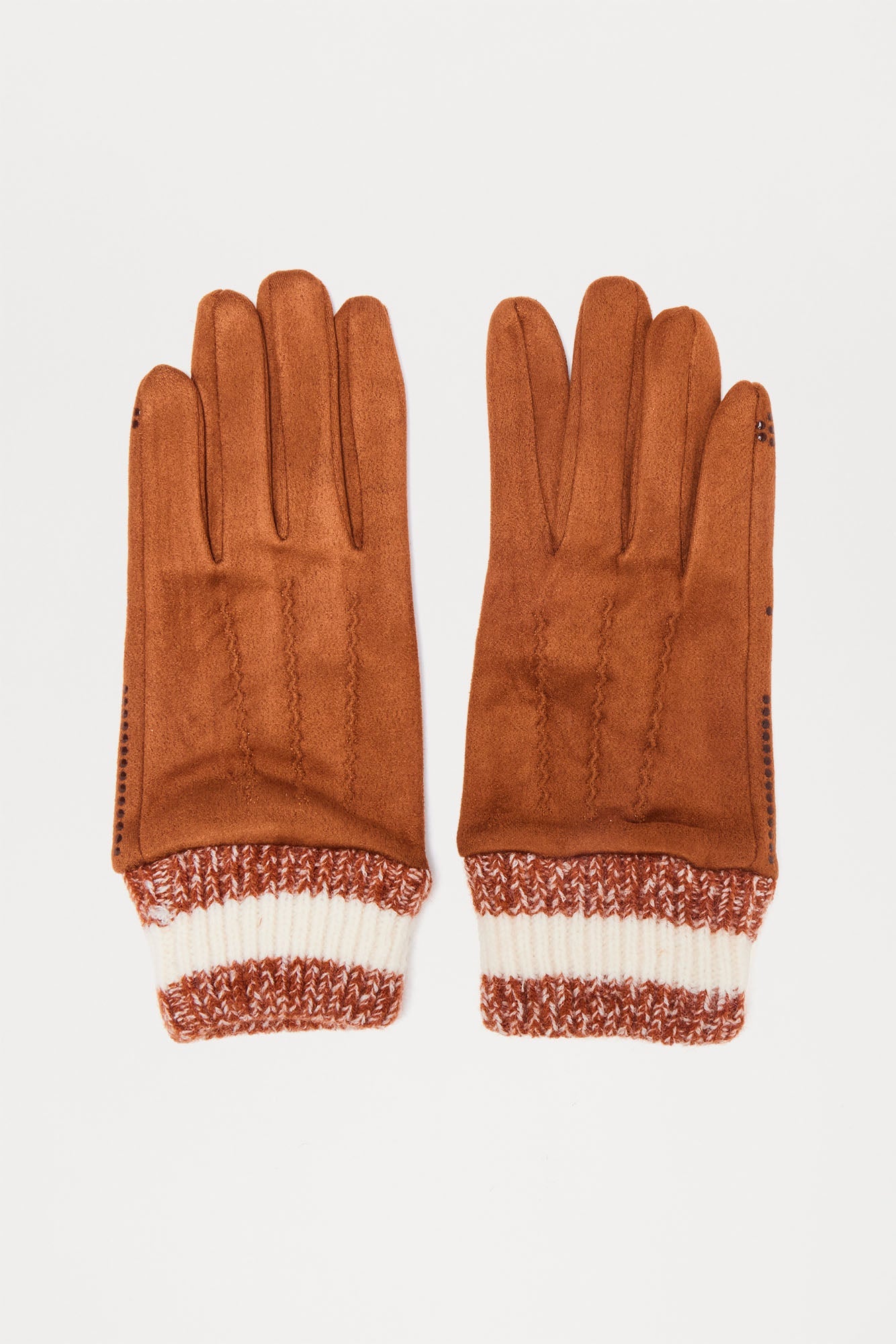 Faux Suede Ribbed Cuff Grip Gloves - Brown