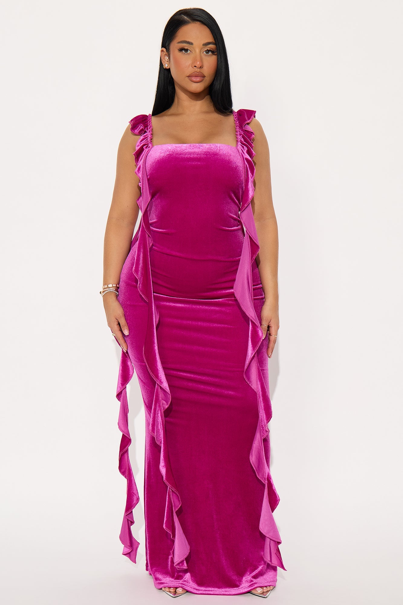 Mayli Ruffle Velvet Gown - Magenta