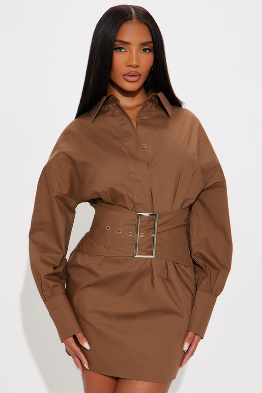 Naya Belted Poplin Shirt Mini Dress - Taupe