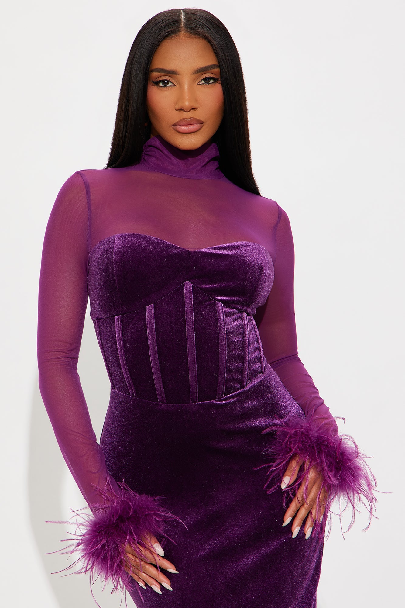 Dream Girl Fur Trim Velvet Midi Dress - Plum