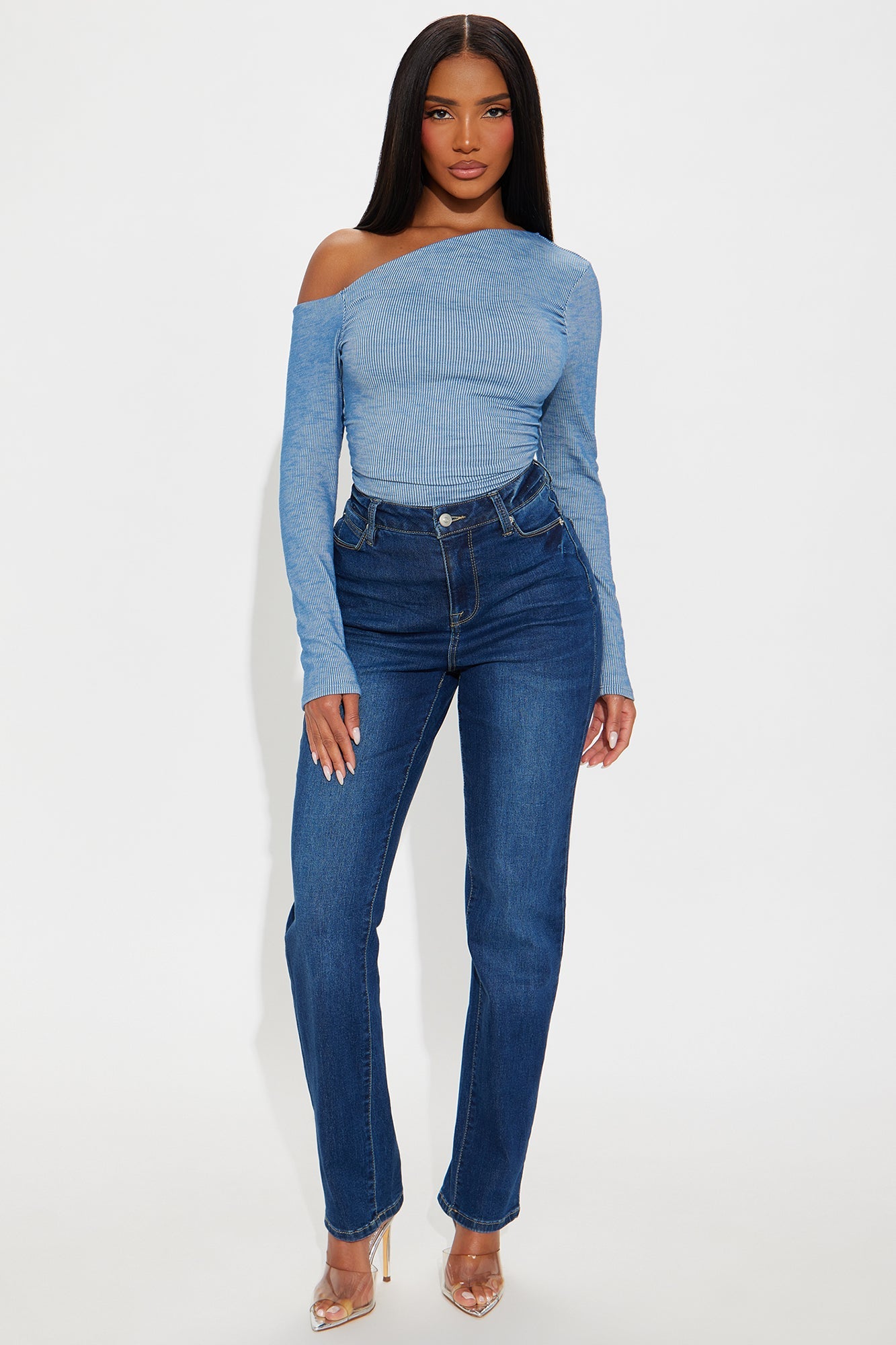 Celly Off Shoulder Ribbed Top - Denim