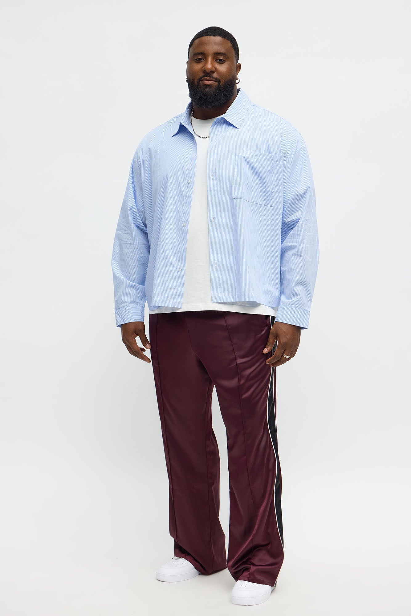 Cropped Top Thingz Striped Long Sleeve Button Up Shirt - Blue