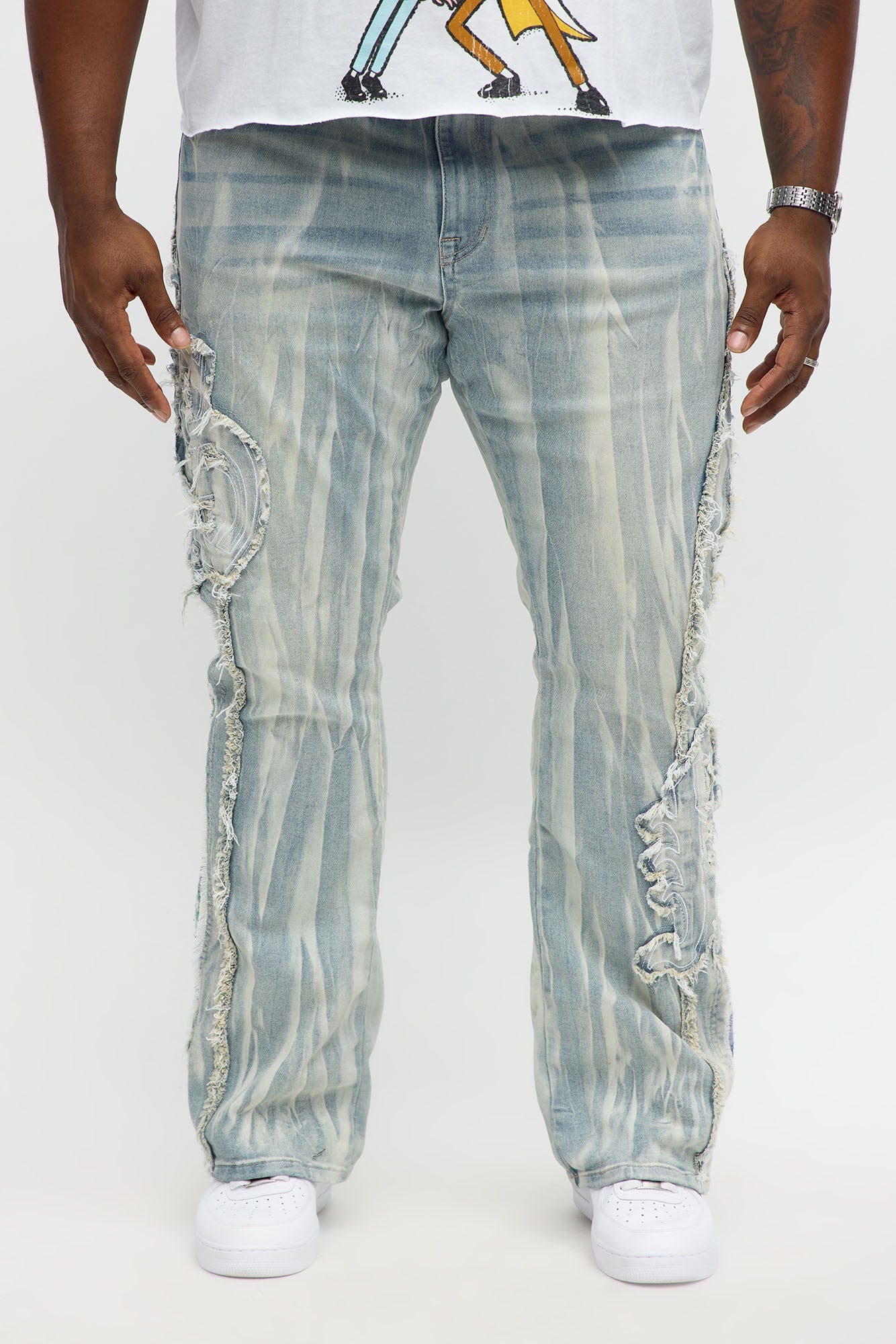 Stacked Skinny Flare Gray With Tapestry Sides Jean - Light Blue Wash