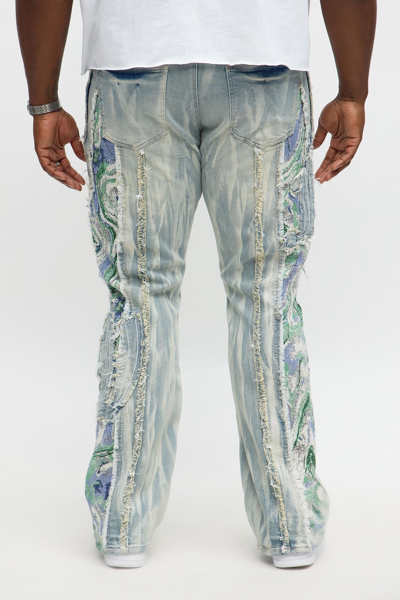 Stacked Skinny Flare Gray With Tapestry Sides Jean - Light Blue Wash