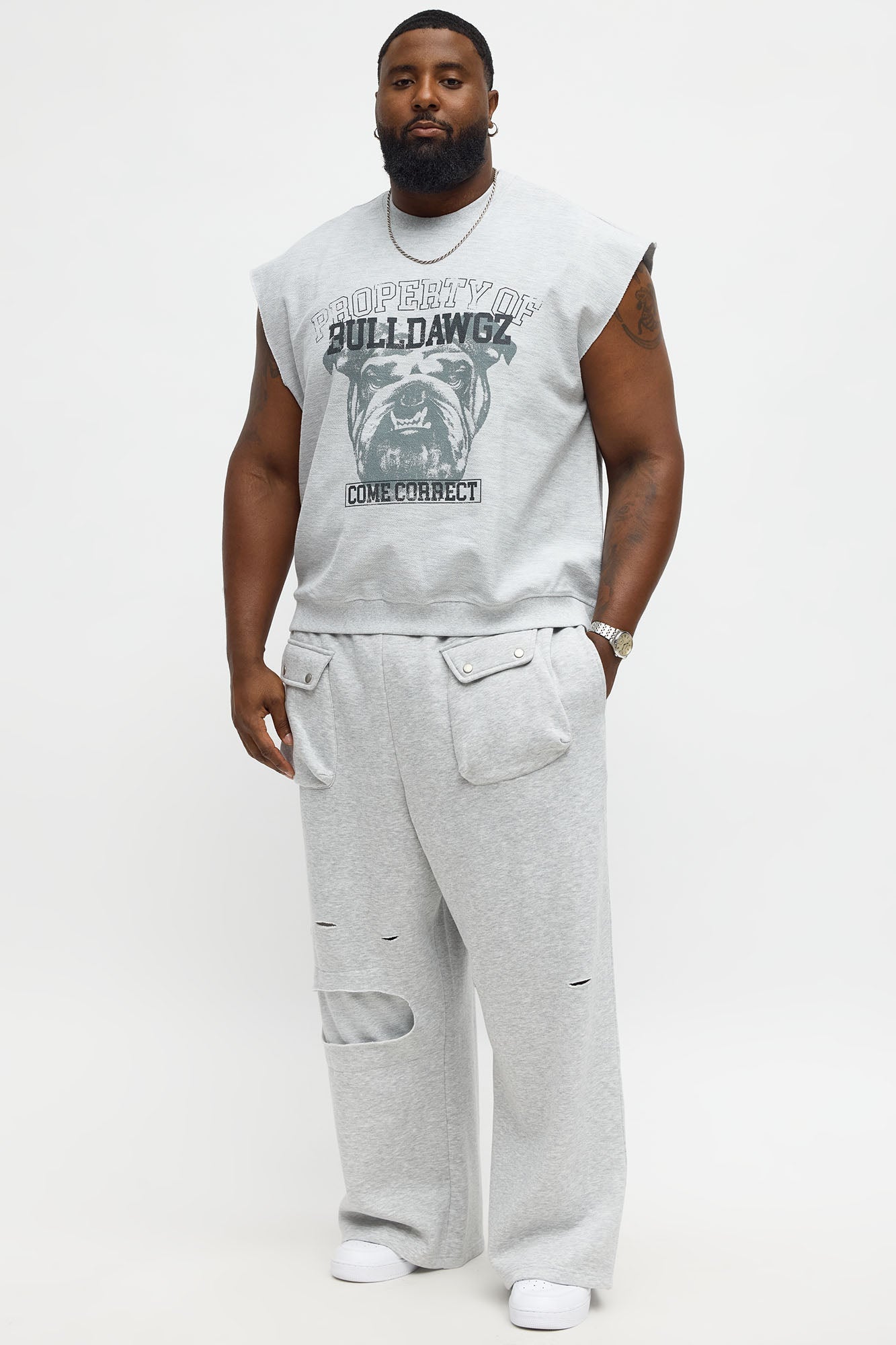 Baggy Snap Pocket Distressed Sweatpants - Heather Grey