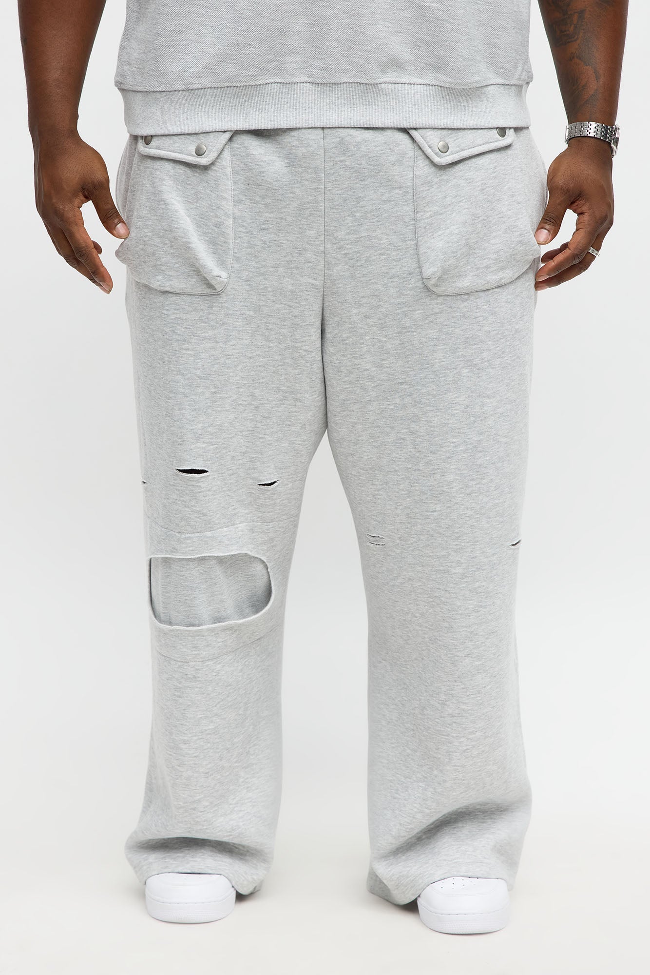 Baggy Snap Pocket Distressed Sweatpants - Heather Grey