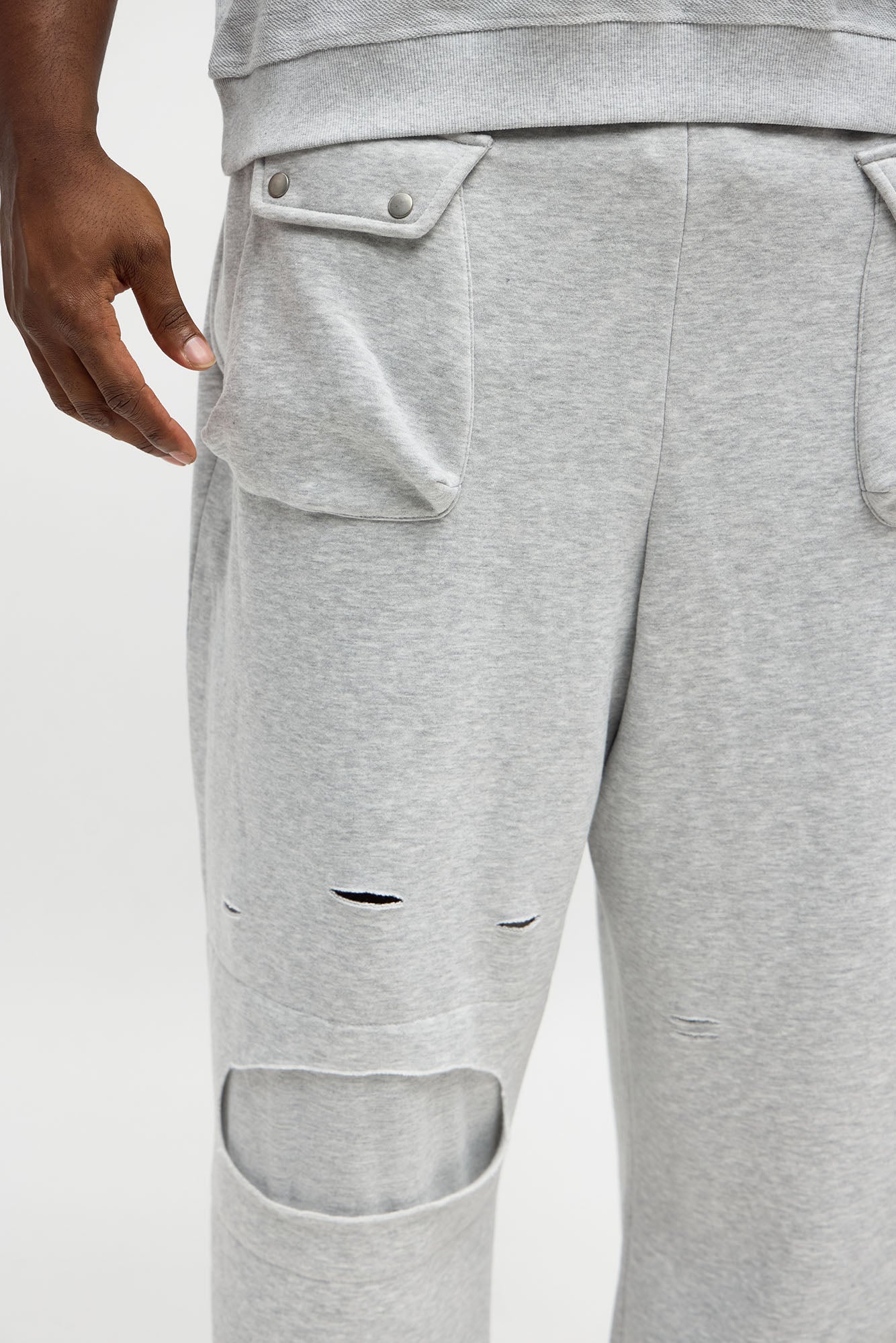 Baggy Snap Pocket Distressed Sweatpants - Heather Grey