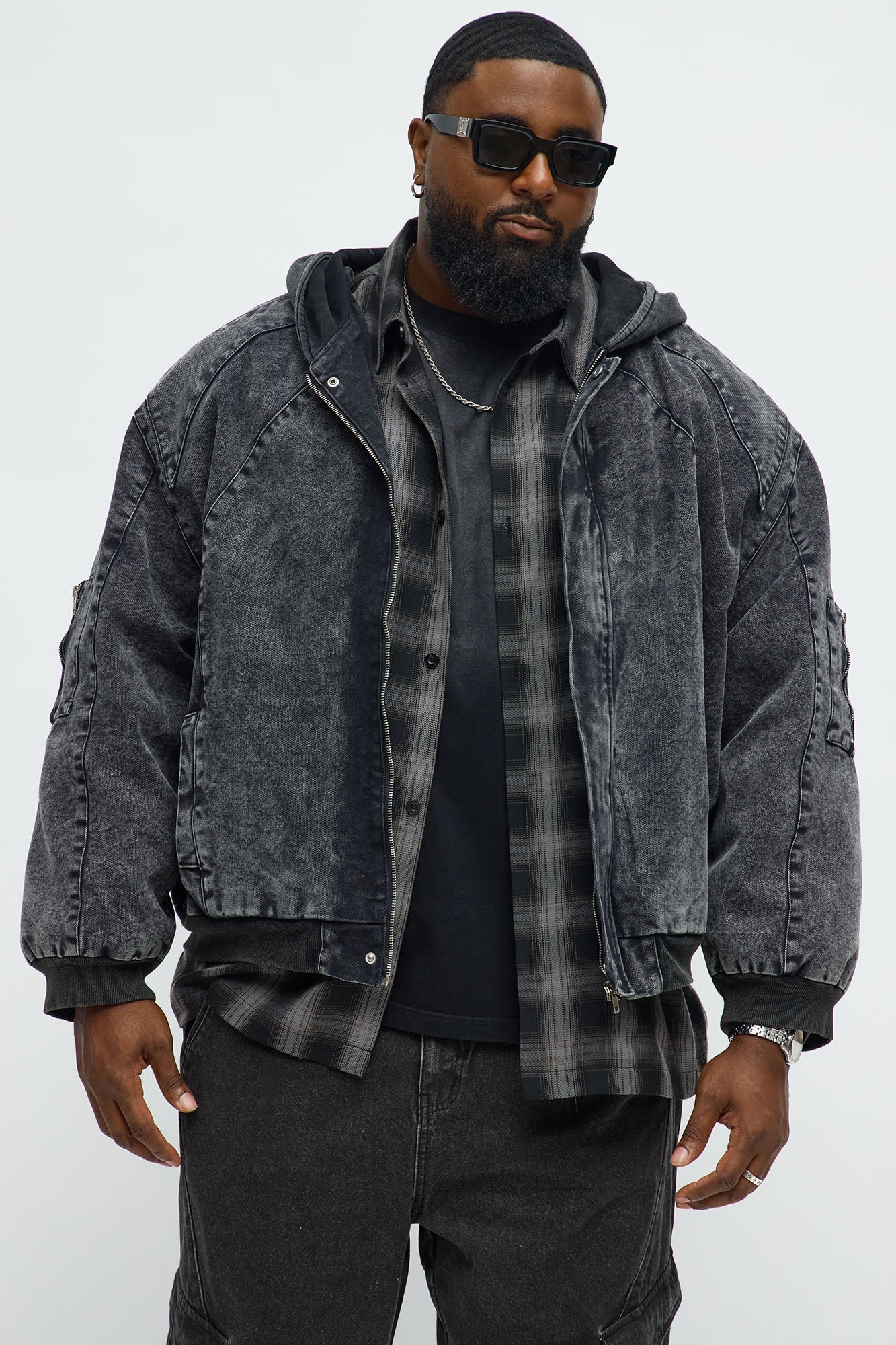 Oversized Padded Hooded Utility Bomber - Charcoal/combo