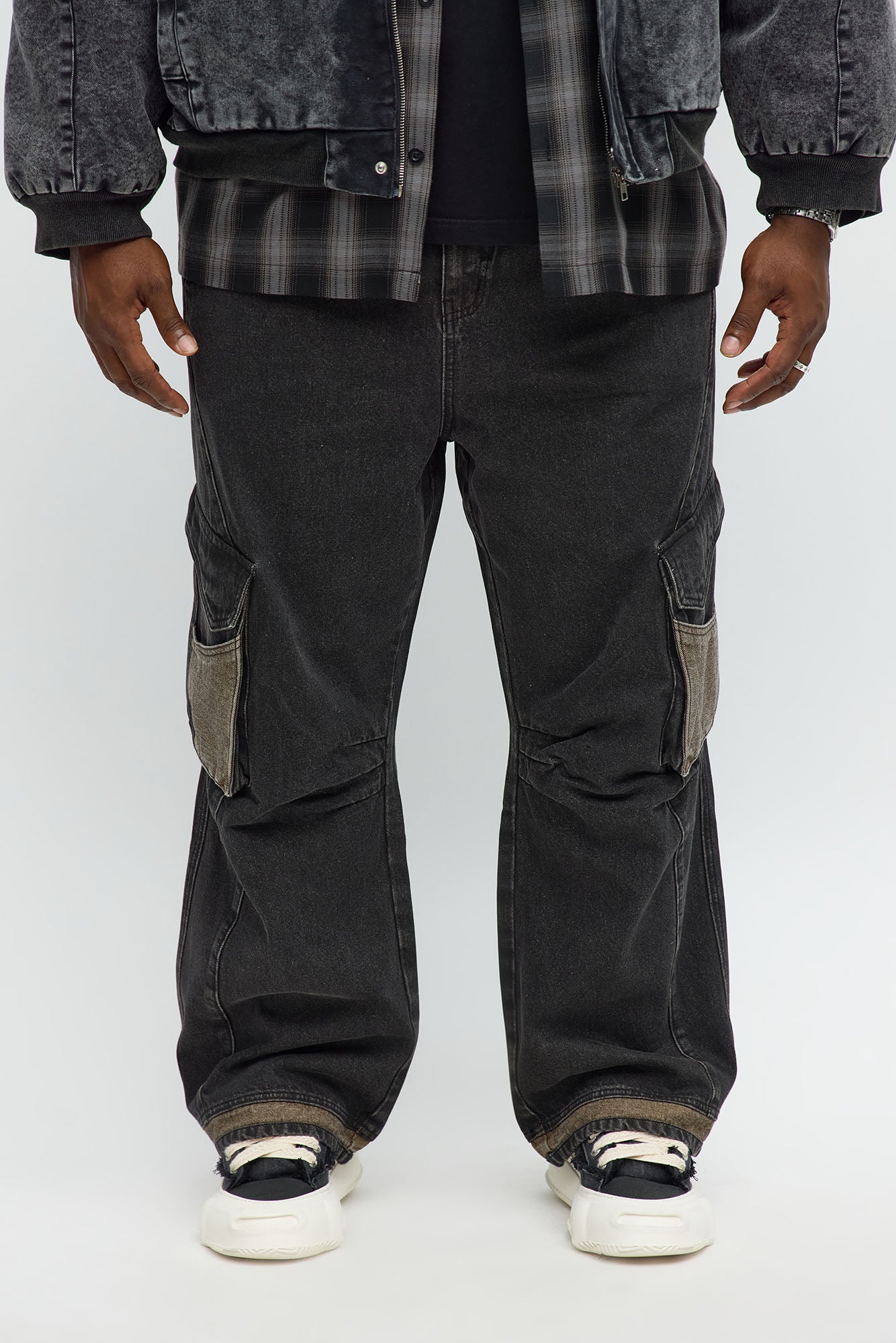 Baggy Bit Contrast Cargo Jean - Black Wash