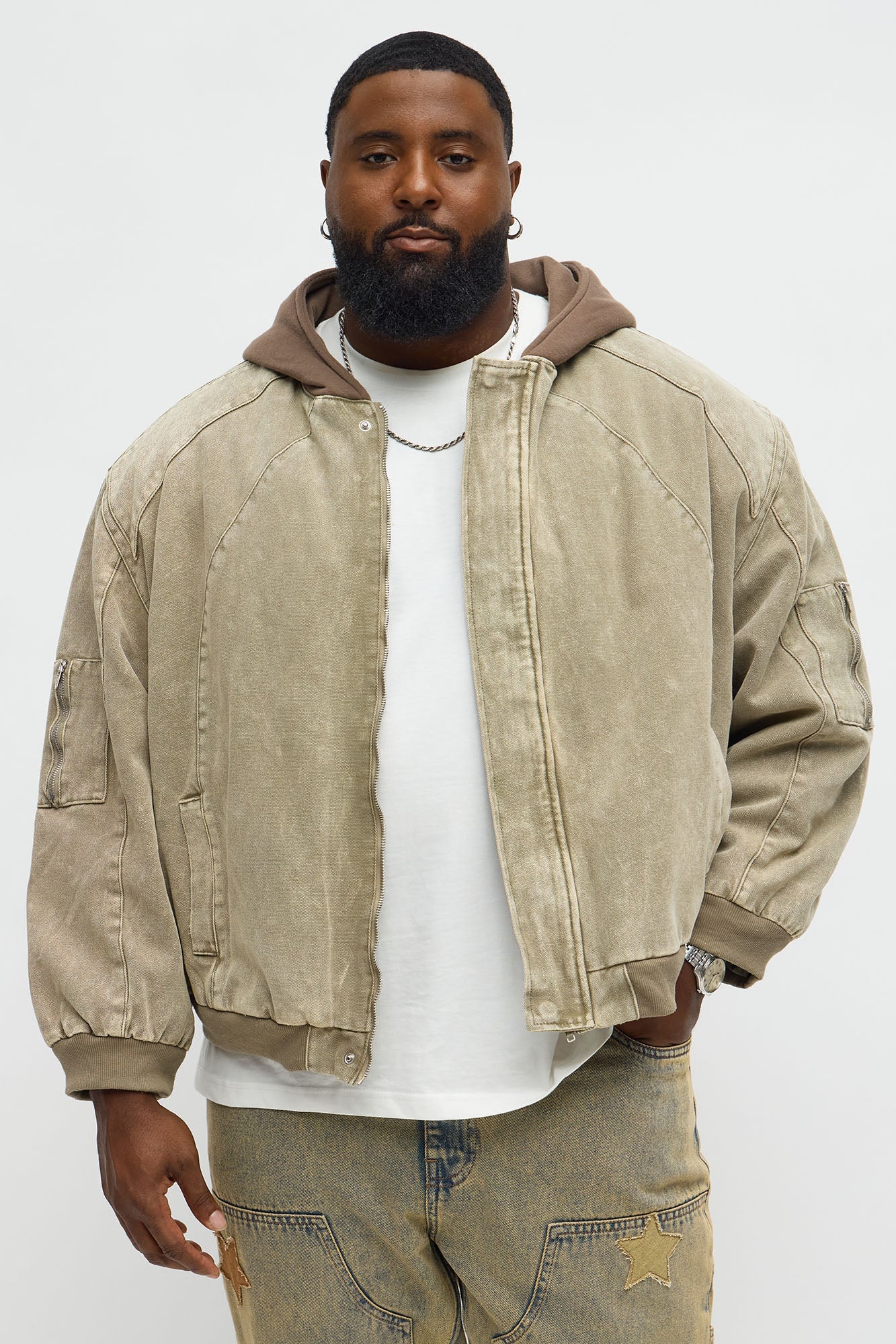Oversized Padded Hooded Utility Bomber - Olive/combo