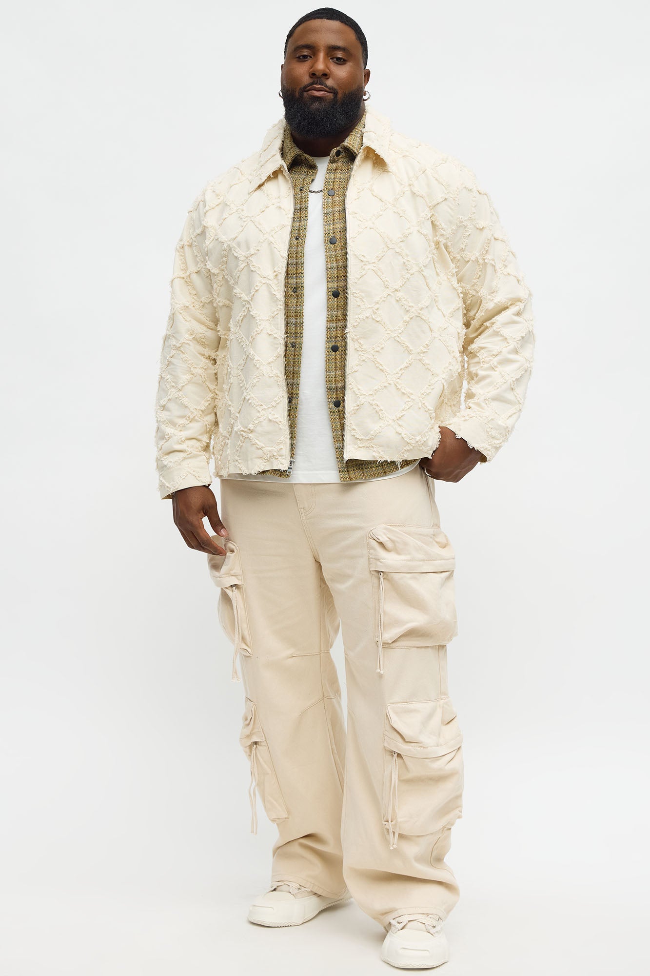 Textured Diamond Frayed Work Jacket - Cream