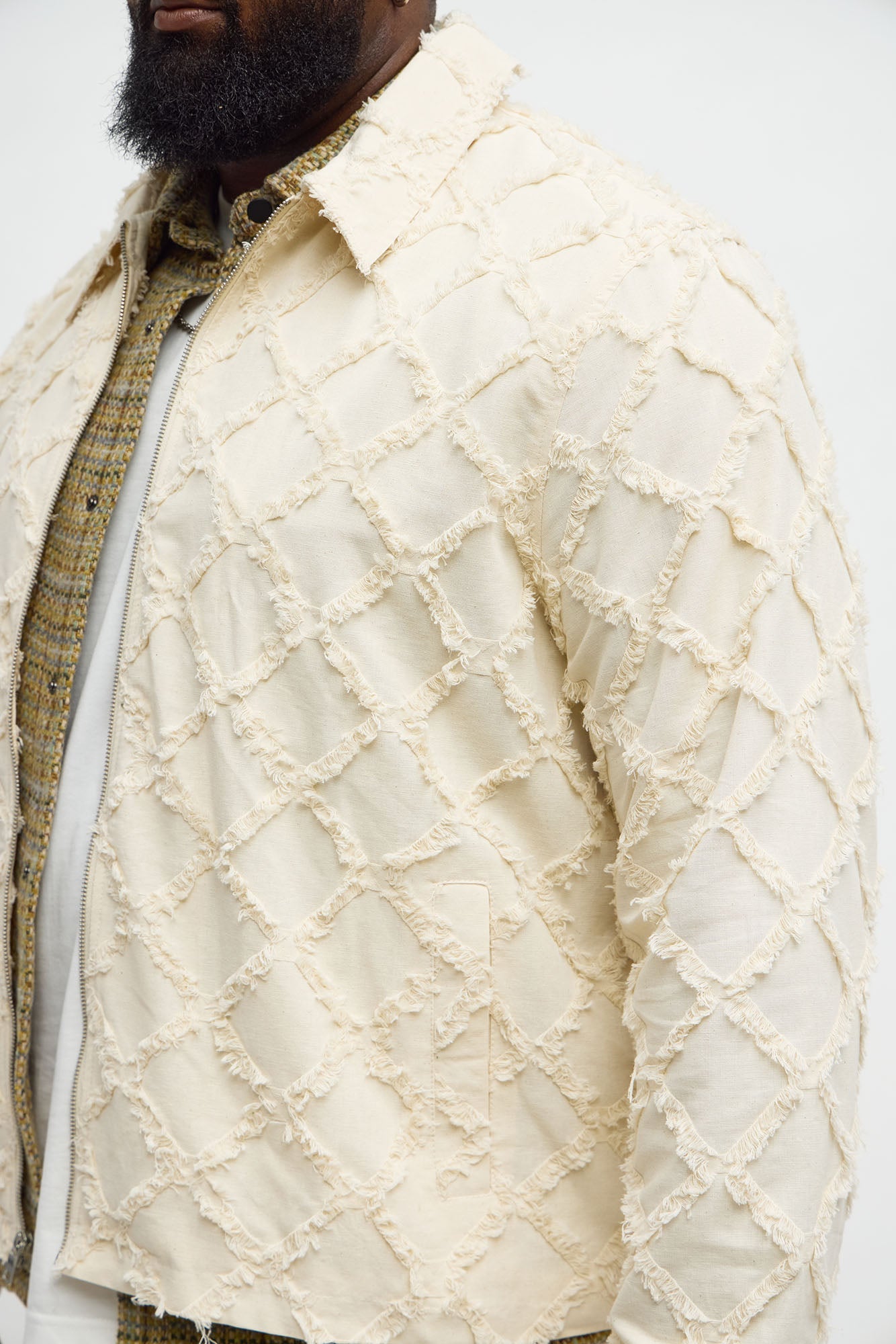 Textured Diamond Frayed Work Jacket - Cream