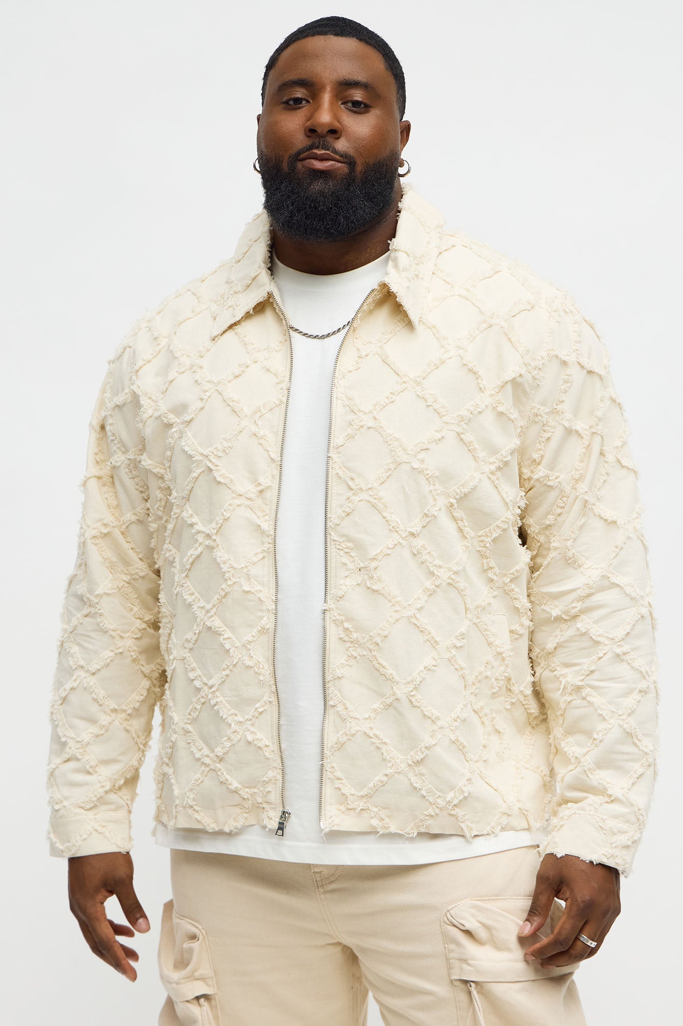 Textured Diamond Frayed Work Jacket - Cream