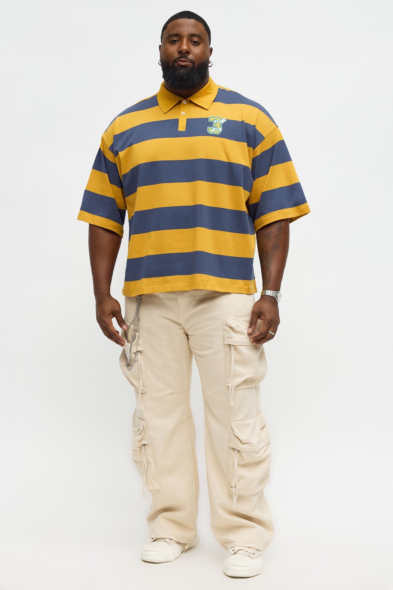 Cropped Ivy Prep Pearl Embellished Short Sleeve Polo - Mustard/combo