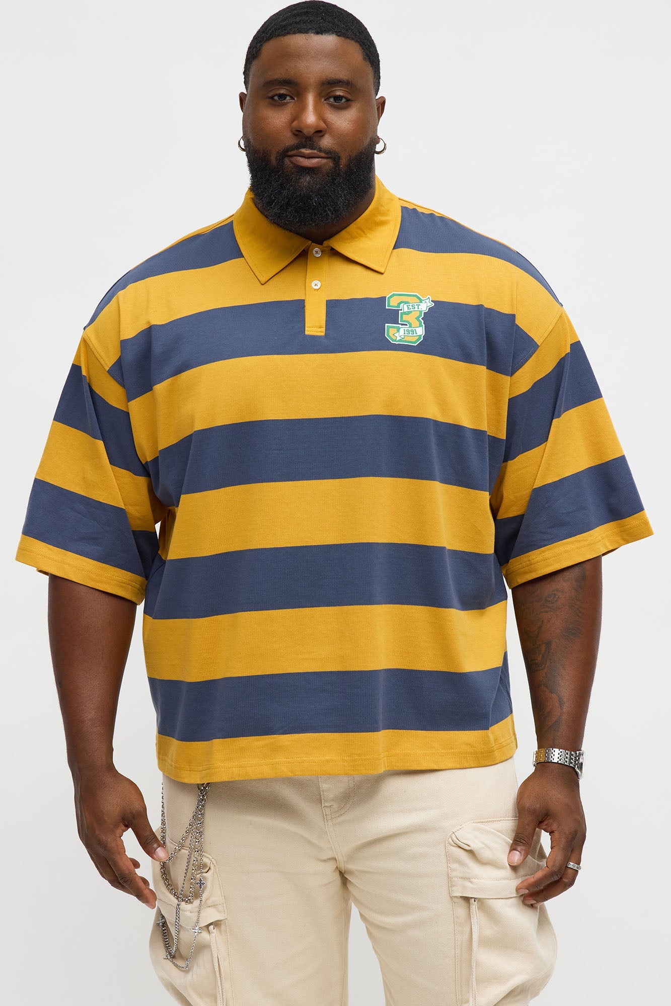 Cropped Ivy Prep Pearl Embellished Short Sleeve Polo - Mustard/combo