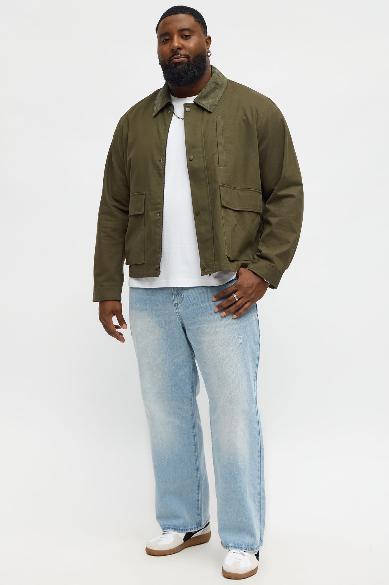 Cropped Utility Corduroy Collar Work Jacket - Olive