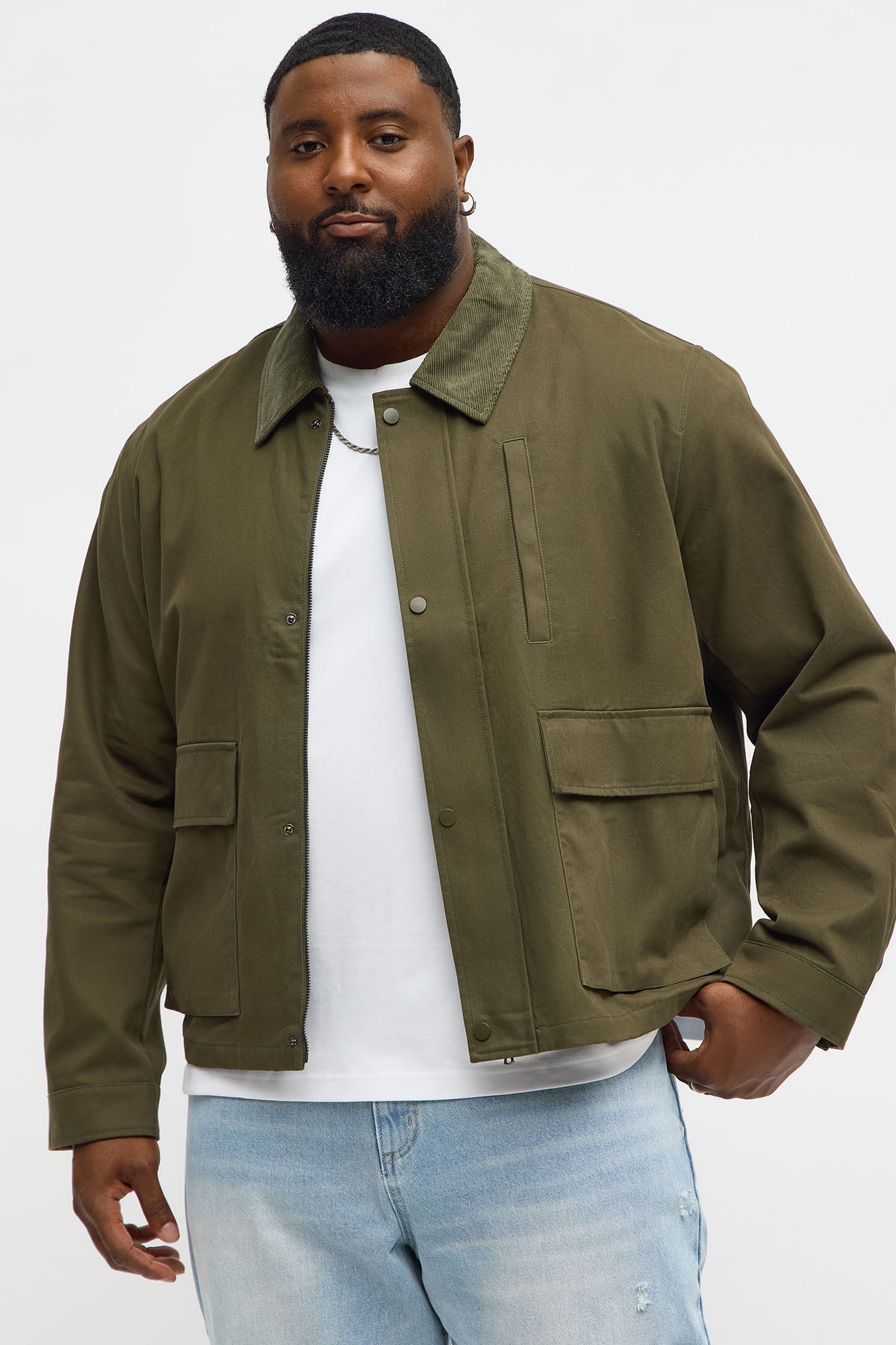 Cropped Utility Corduroy Collar Work Jacket - Olive