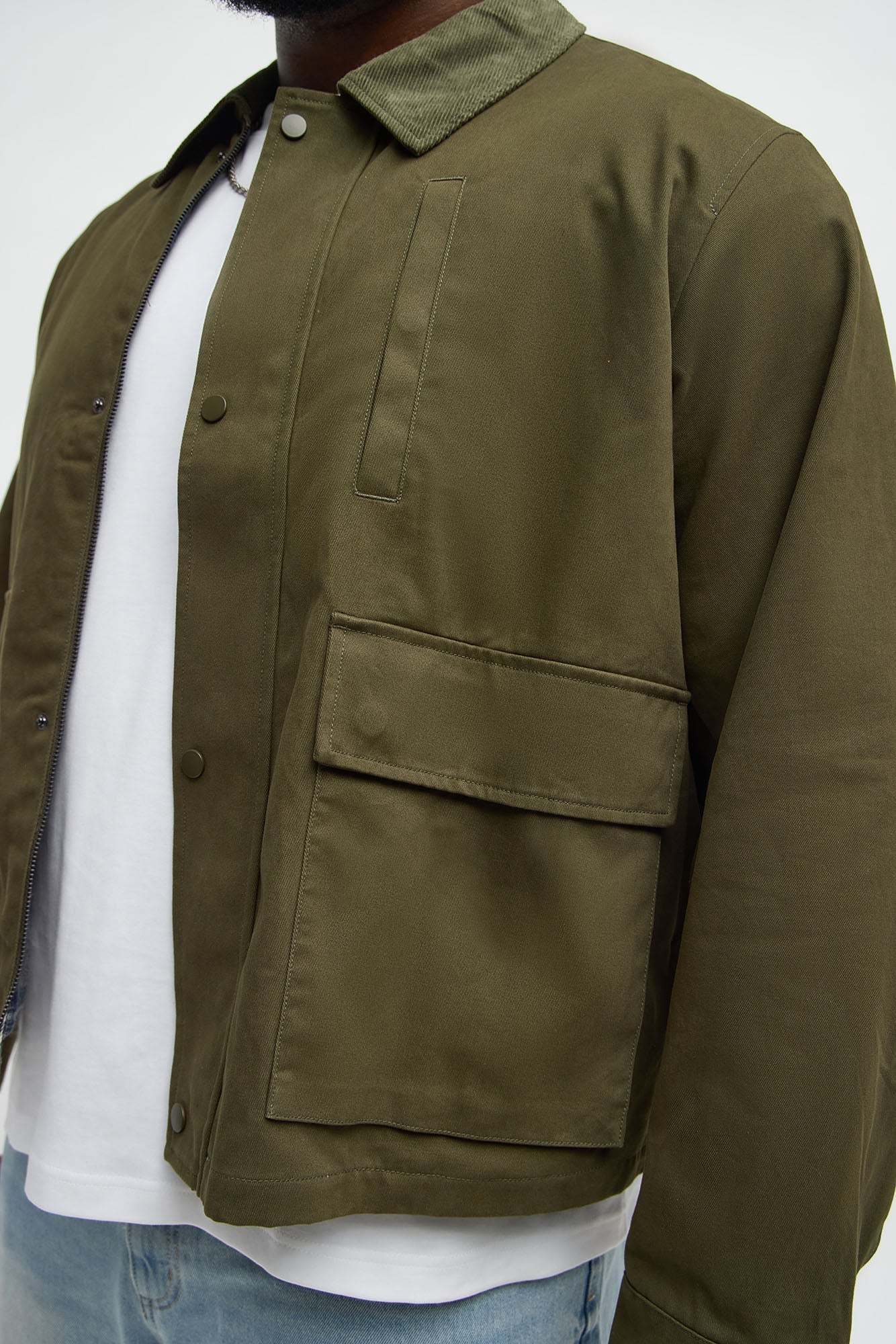 Cropped Utility Corduroy Collar Work Jacket - Olive