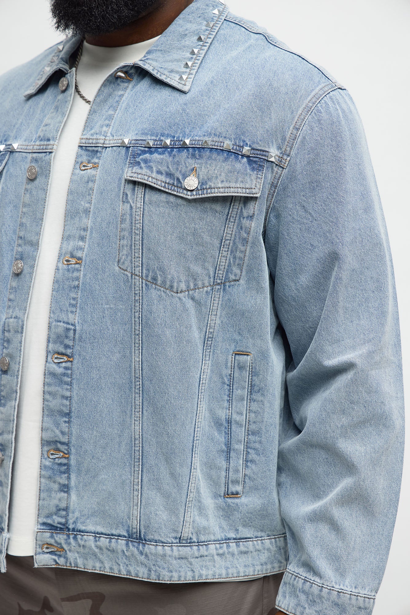 Not The Bad Guy Studded Trucker Jacket - Light Blue Wash